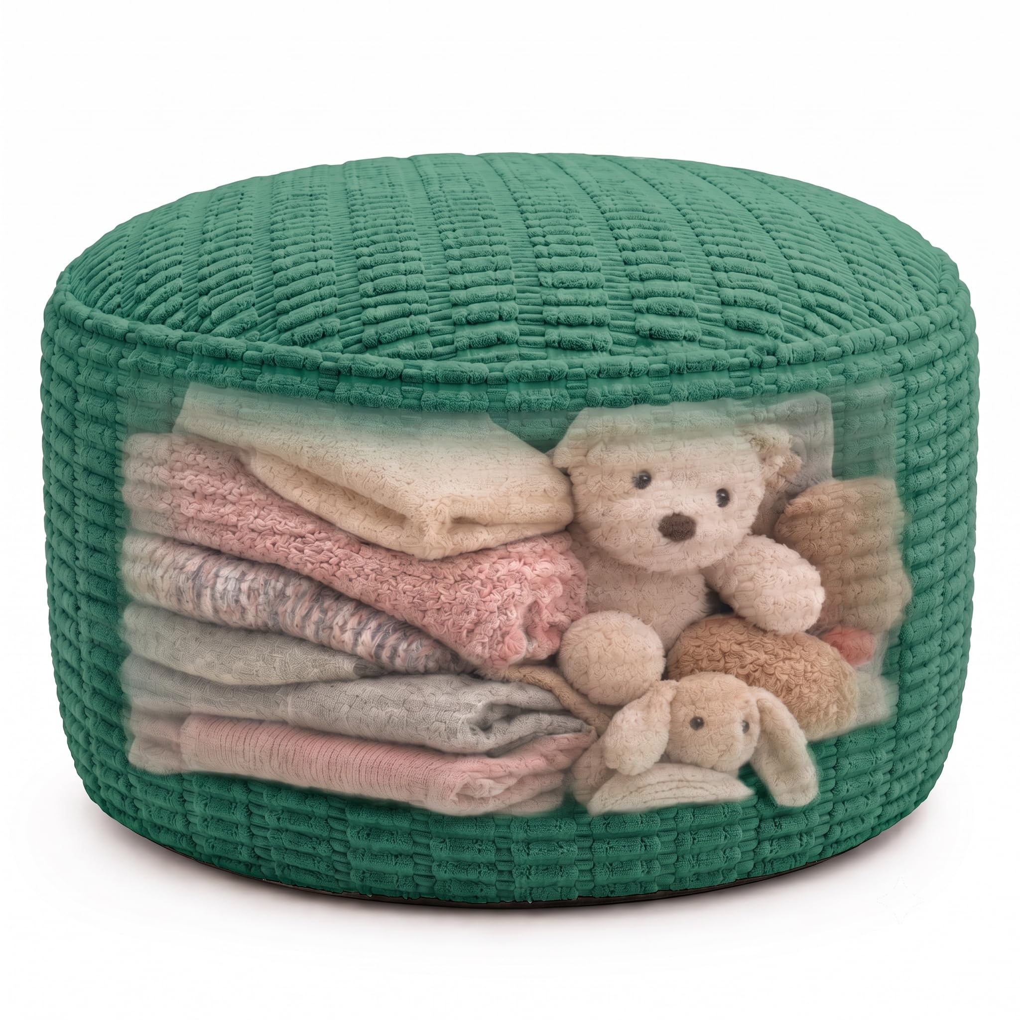 Round Pouf Ottoman Cover Only, Dark Green, 28"x14", Large Storage Cover