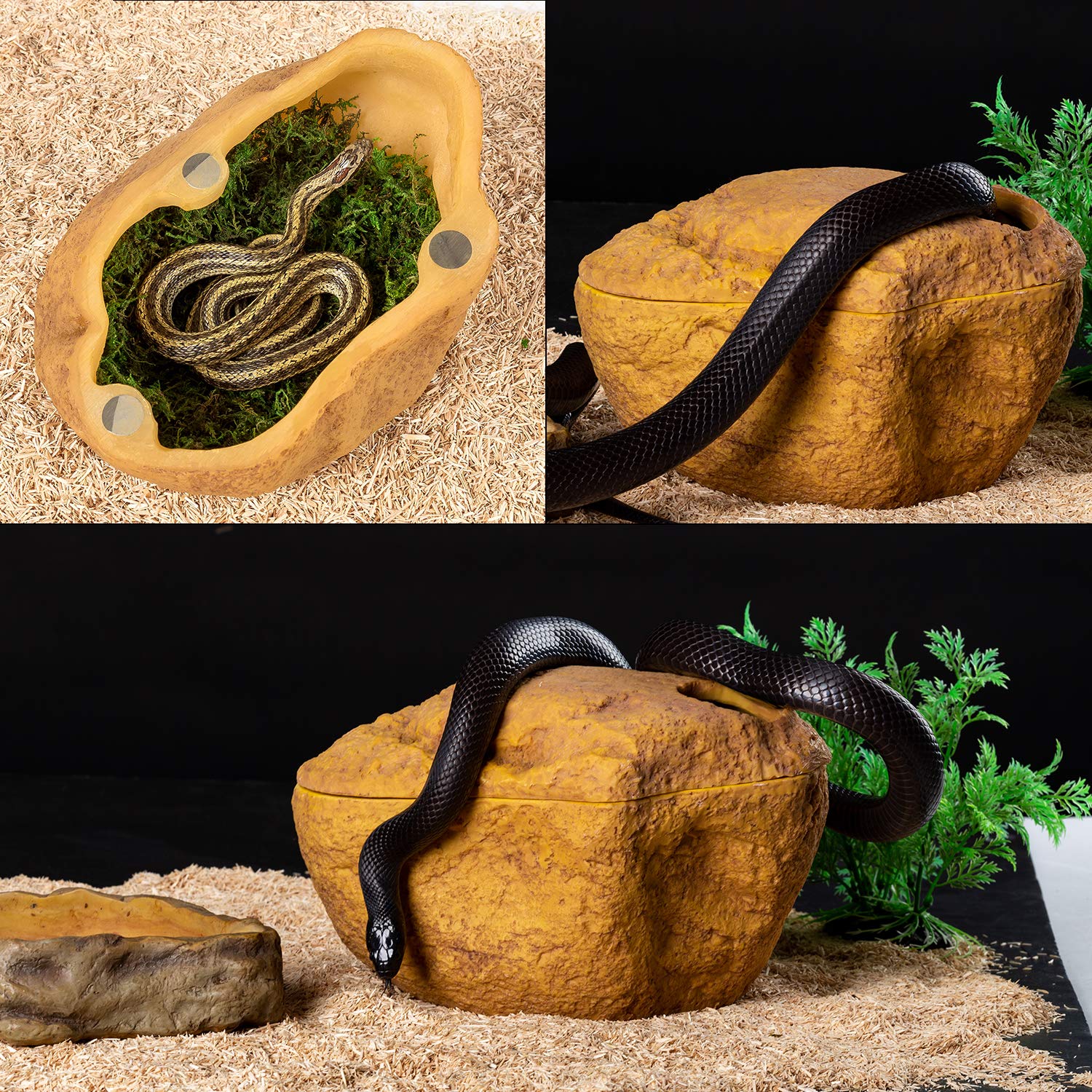 REPTI ZOO Cueva de serpientes y pieles, cueva 3 en 1 para escondite de reptiles para serpiente, pitón esférico, gecos (tamaño grande)
