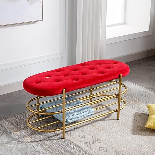 Miniatura 2 de Banco de terciopelo con almacenamiento, banco de extremo de cama con estante doble, banco tapizado para zapatos con patas doradas, para dormitorio,
