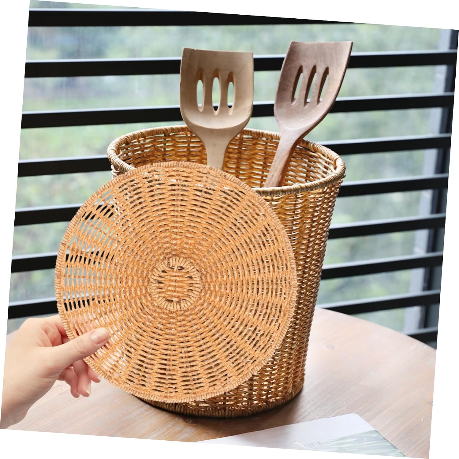 Plastic Storage Basket Lid with Imitation Rattan Brown