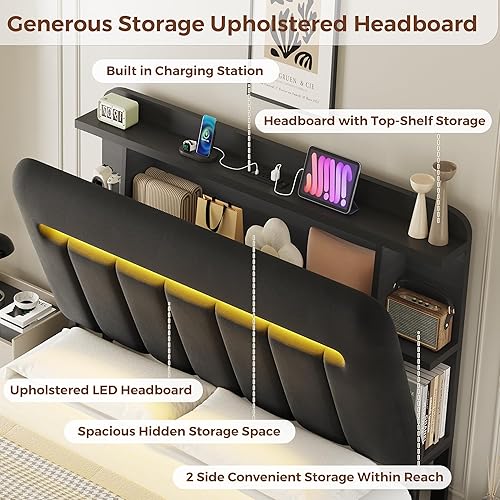 Miniatura 3 de Base de cama Queen con cabecera de almacenamiento, marco de cama negro tapizado tamaño Queen con cajones de almacenamiento y estación de carga, cama