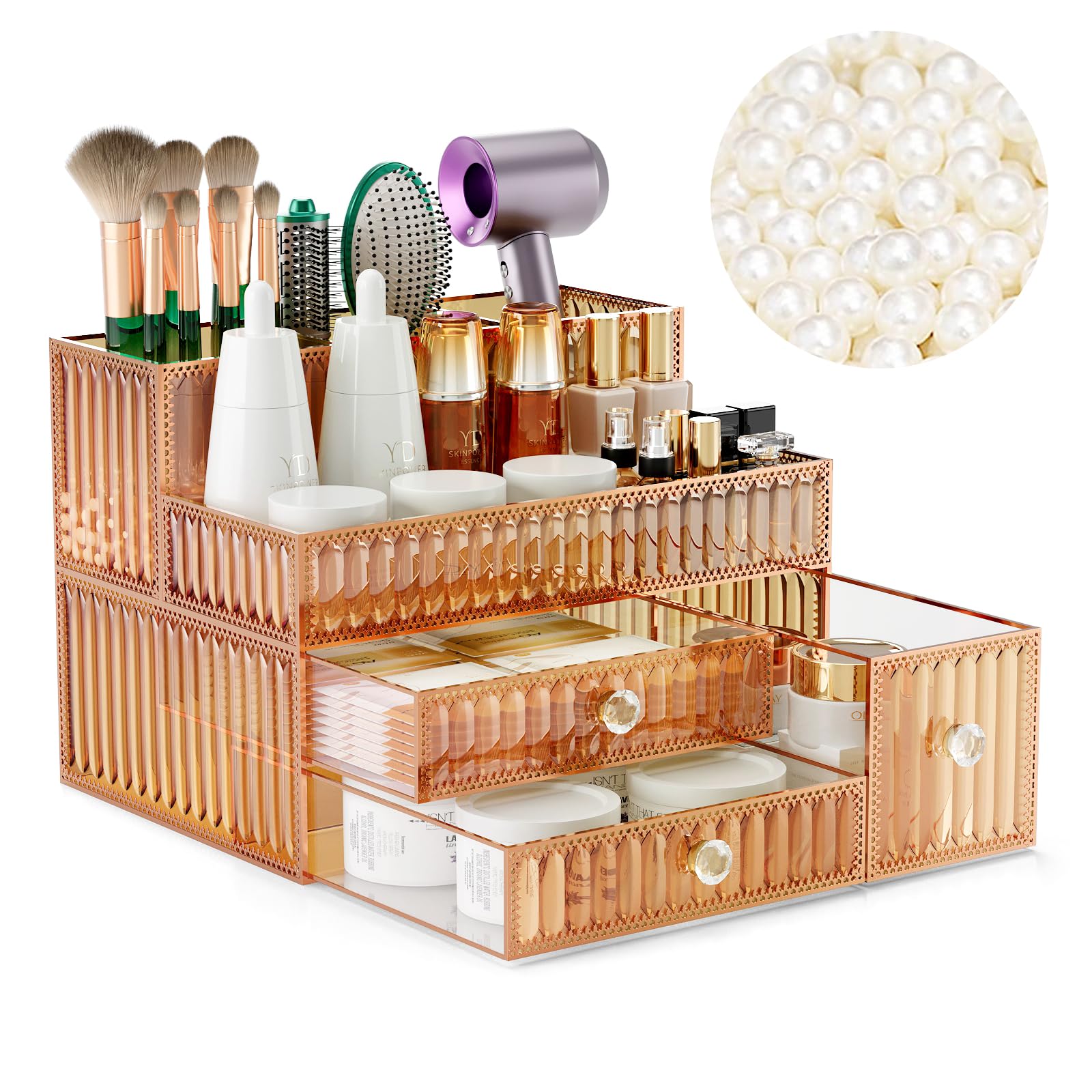 Youdepot Makeup Organizer Golden- Tempered Glass Vanity Organizer for Cosmetics, Skincare, Hair Tools, Brushes, Perfume - Multipurpose Bathroom Counter Skincare Organizer