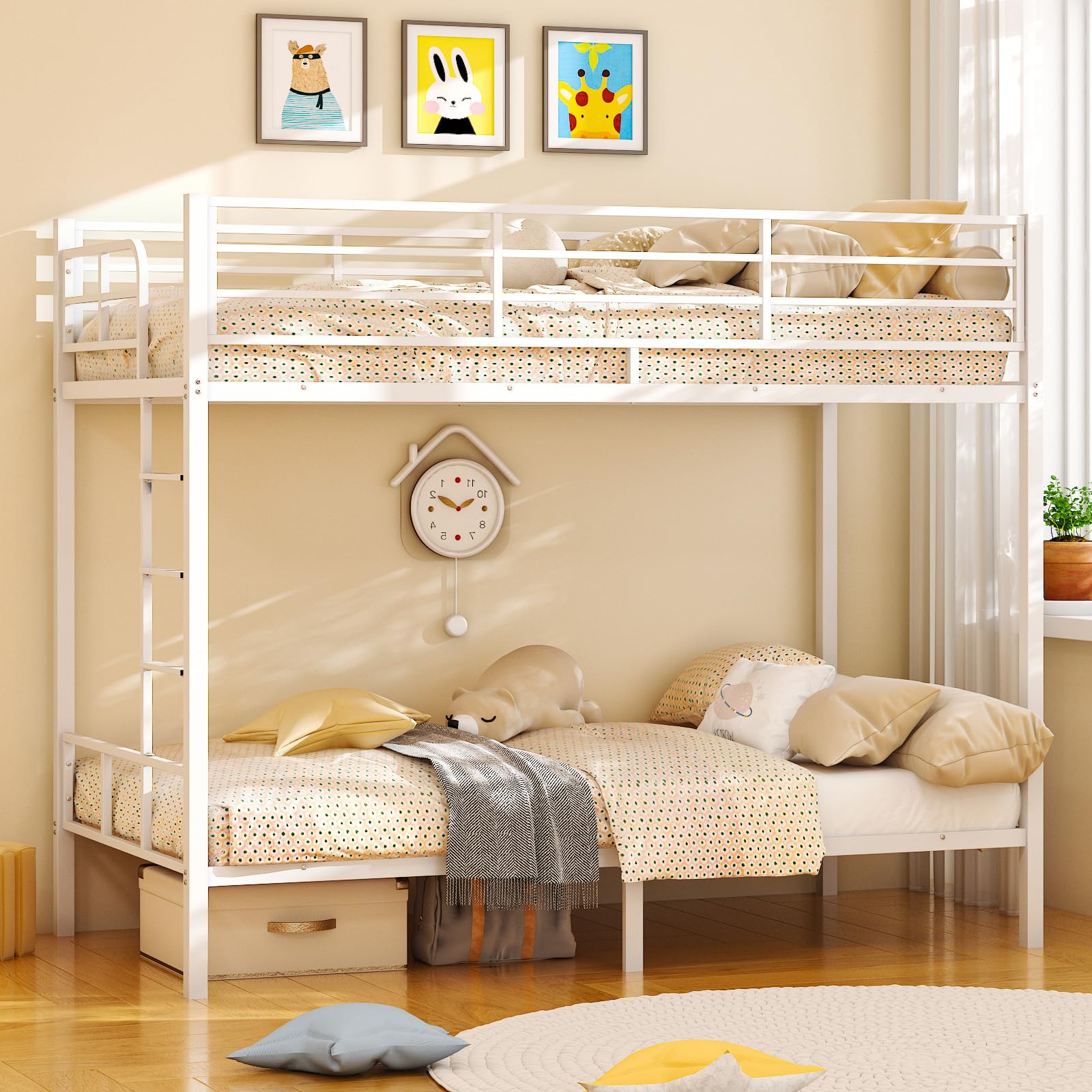 Bonnlo Metal Bunk Bed, Single over Single Loft Bed Frame with 38cm High Full-Length Guardrail & Non-Slip Ladder, Space-Saving Twin Over Twin Bunk Bed, High Sleeper Bed Frame for Kid Teens Adults,White