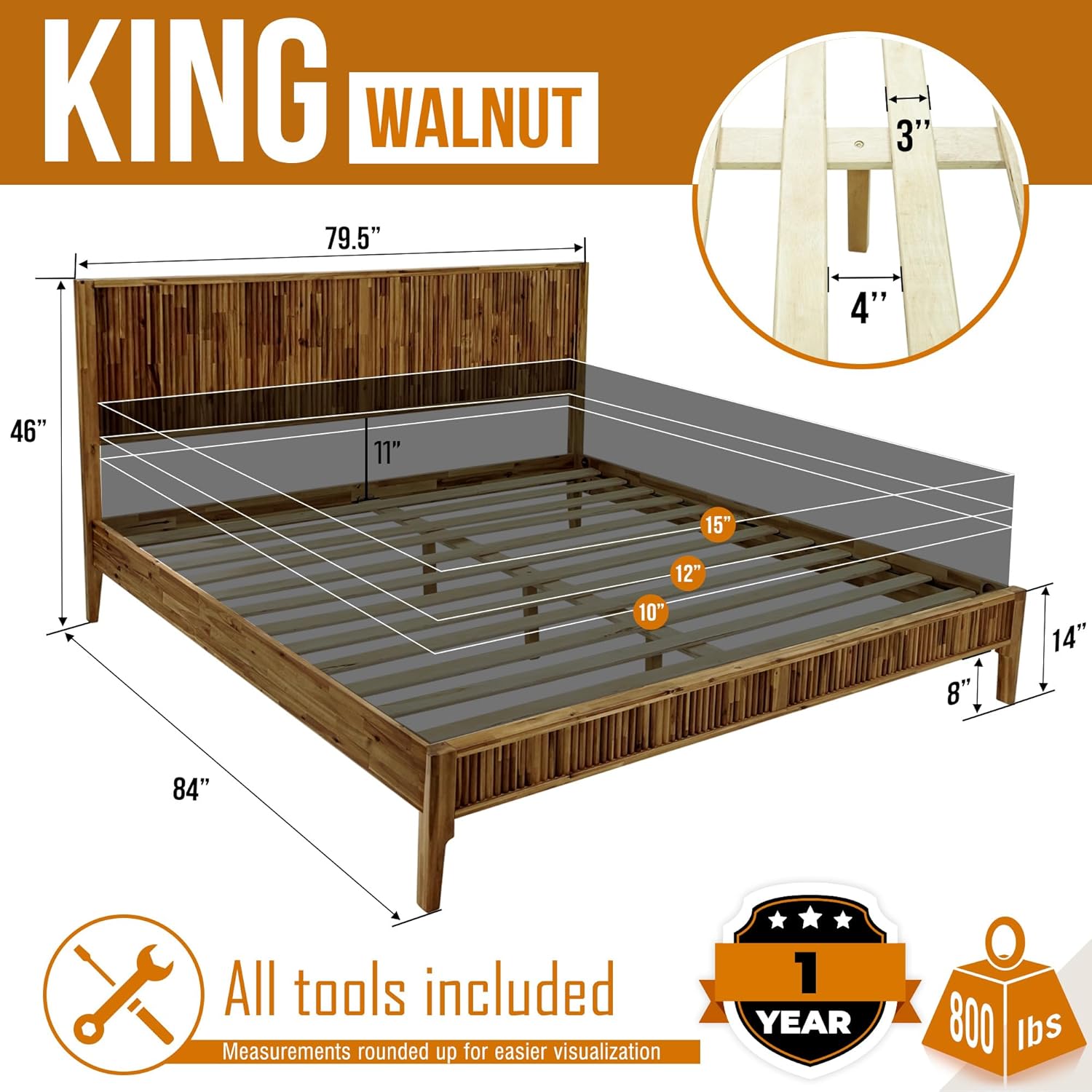 Bosk King Size Bed Frame with Headboard, Solid Acacia Wood Platform Bed, No Box Spring Need, Fluted Mid-Century Modern Design, Easy Assembly, Compatible with 8-12-14"" Mattress Thickness, Walnut