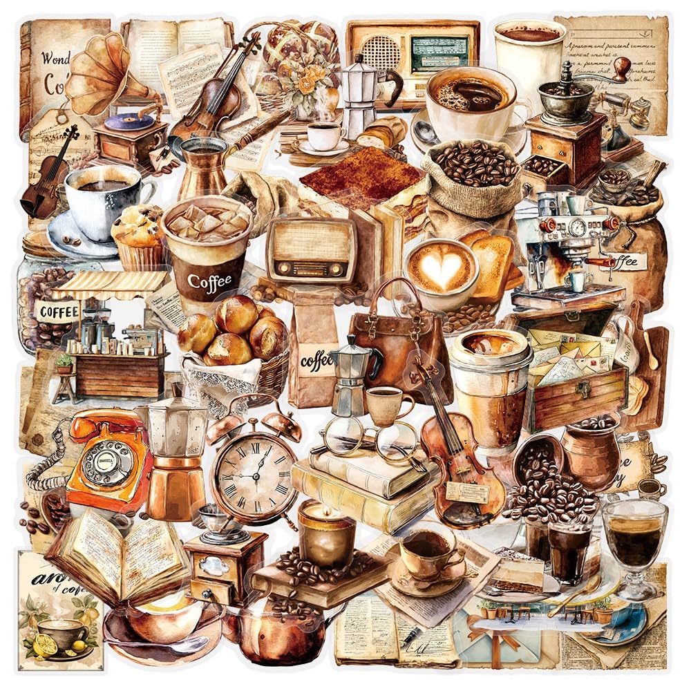 Tivleed Brown Aesthetic Stickers, Vintage Stickers, Stickers For Scrapbooking, 50 Pcs Retro Coffee Theme Waterproof Vinyl Stickers Pack For Journaling, Planners, Laptops, Water Bottles