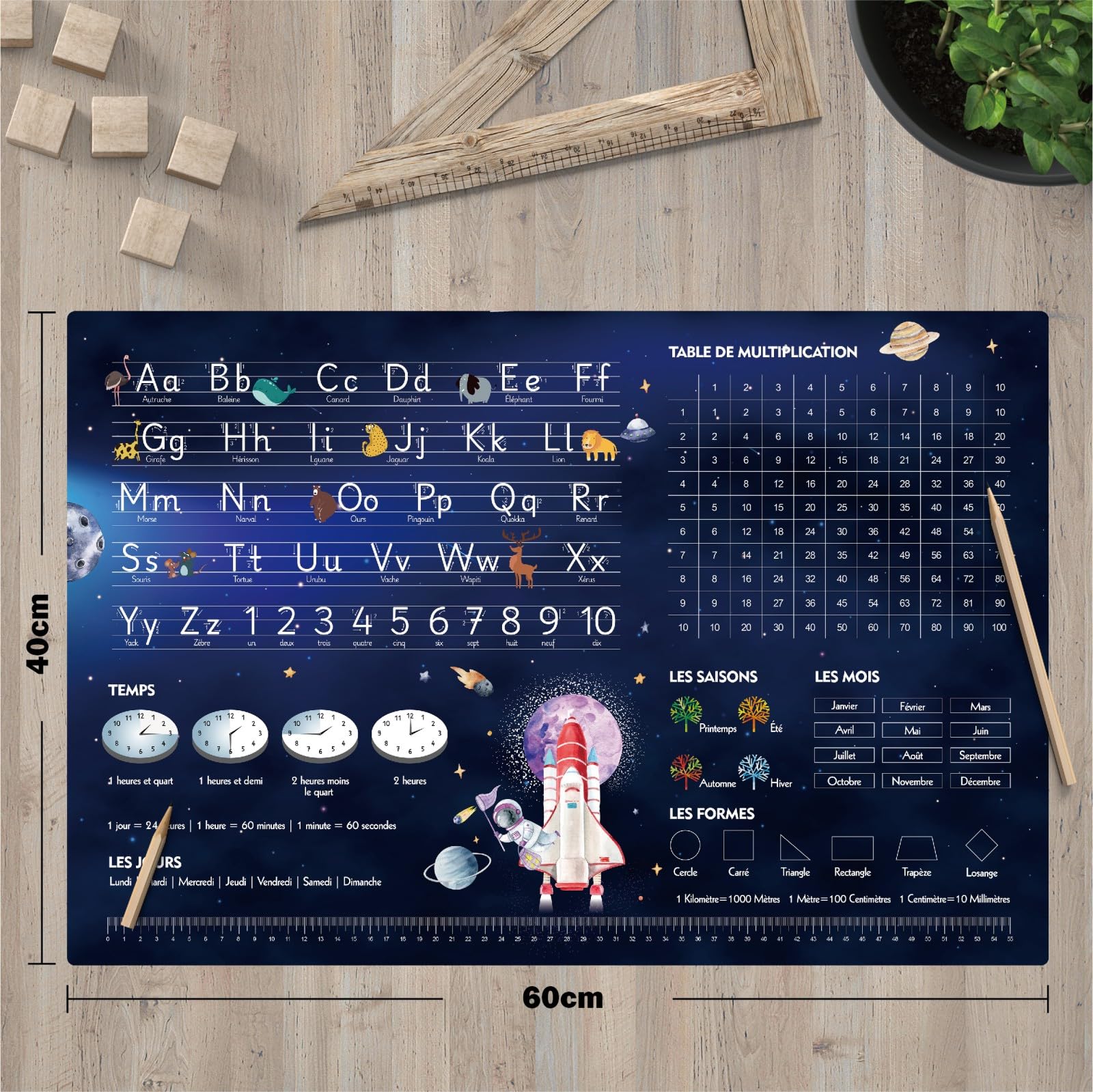 Éducatif Sous-main pour Enfant 40x60cm - Français - Thème Espace Univers - ABC avec Animaux - 1X1 - Formes - Heures - Tapis de Bureau Imperméable - Cuir PU Double Face effaçable facile à Nettoyer