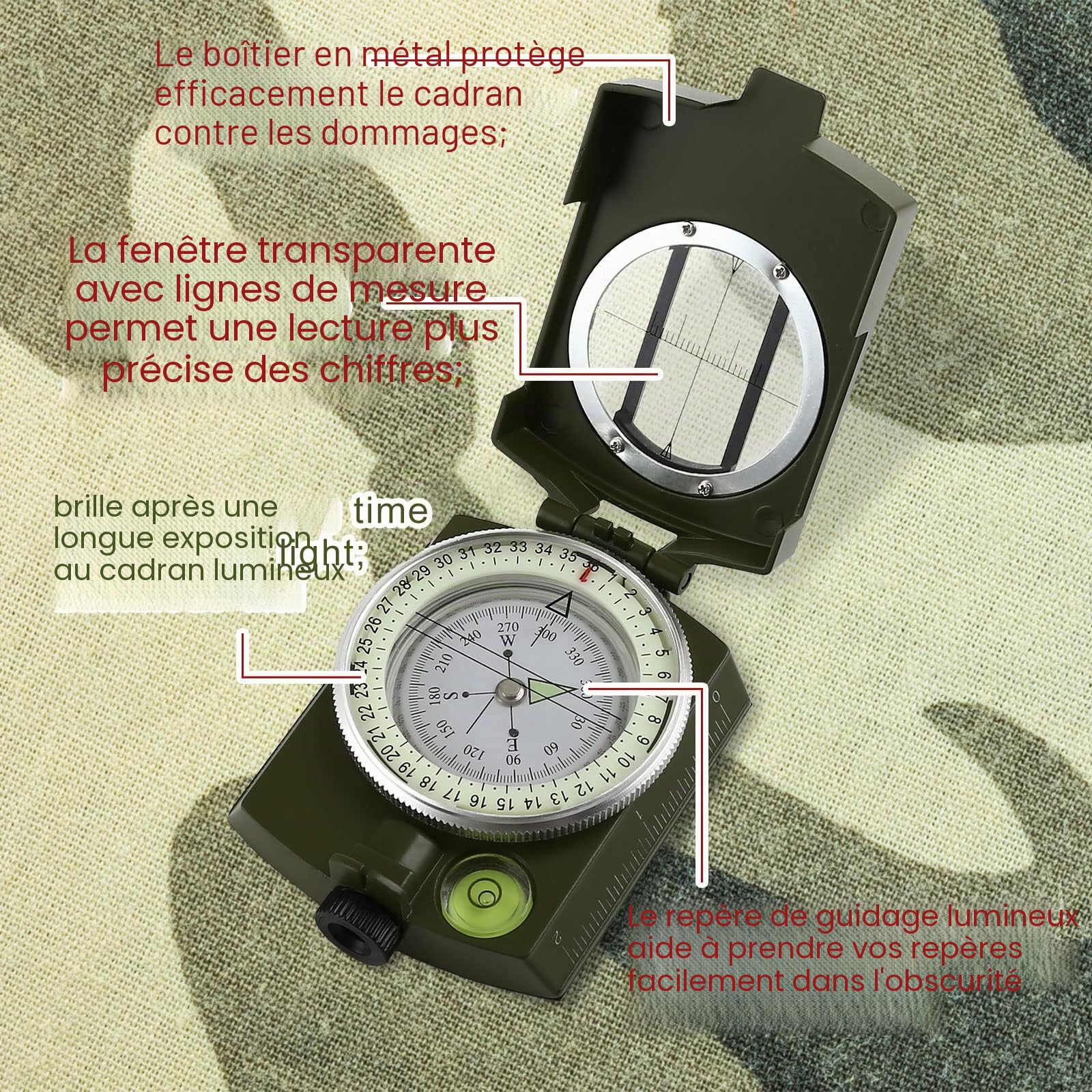 GWHOLE Boussole Multifonctionnelle Professionnelle Orientation Militaire Portable en Métal pour Randonnée Camping Voyage Exploration- Vert Armée