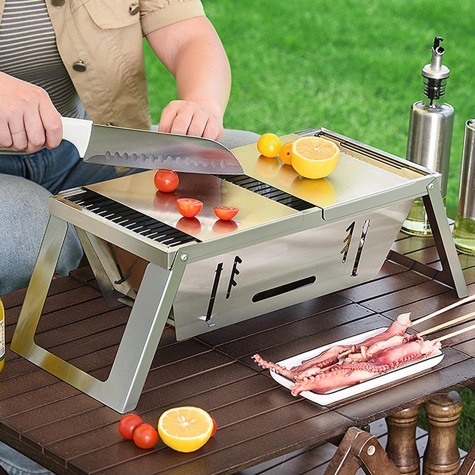 Griglia portatile a carbonella pieghevole, piccola griglia per barbecue, leggera, in acciaio inox, con borsa per il trasporto, per esterni, campeggio, cucina, picnic, patio, viaggi, 43 x 22,8