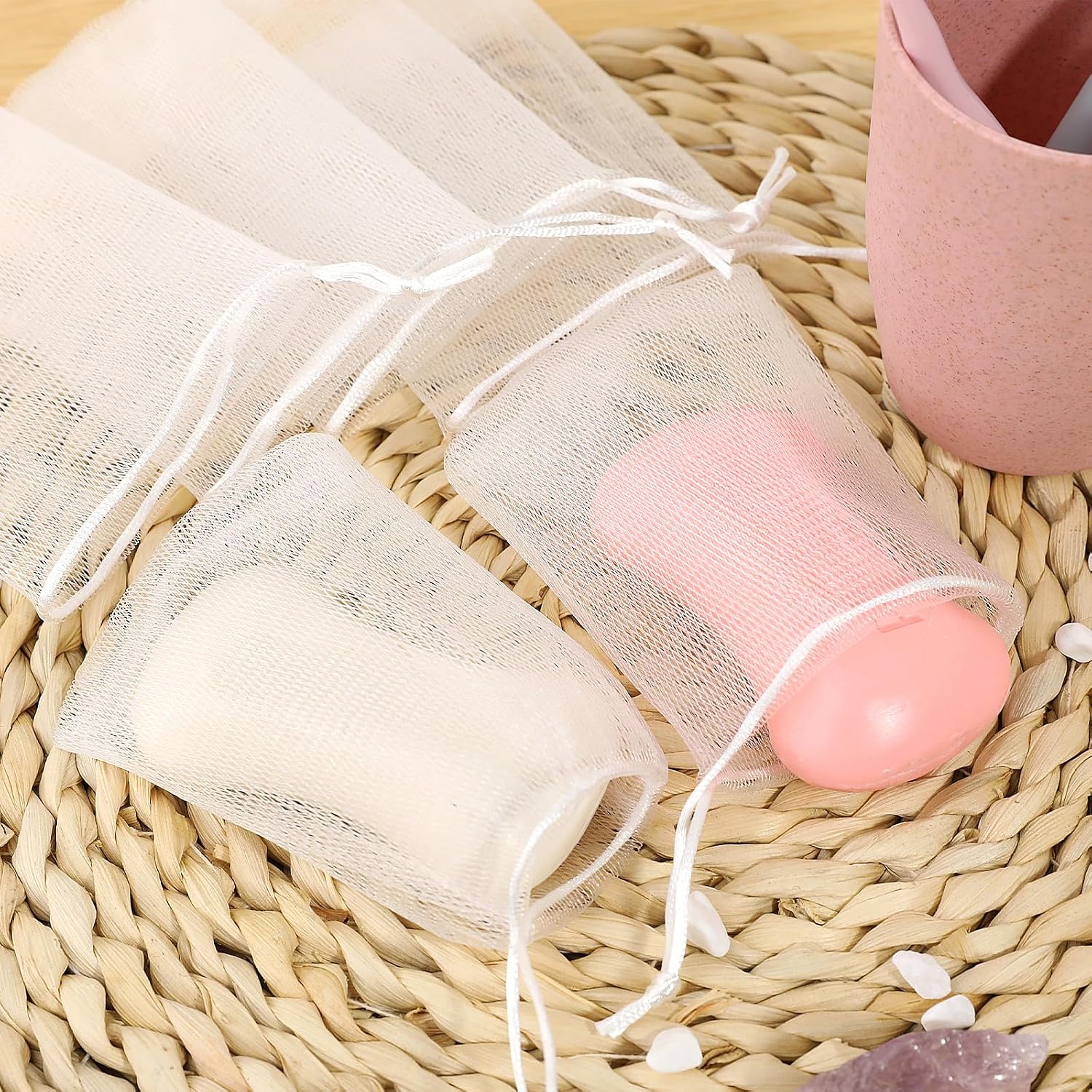 Mozeat Lens 20 PCS Exfoliating Mesh Soap Saver Pouch Bag Mesh Soap Bag Handmade Soaps Bubble Meshs Net Bags with Drawstring Meshs Foaming Net Soaps Sack Bags for Bath & Shower image 3