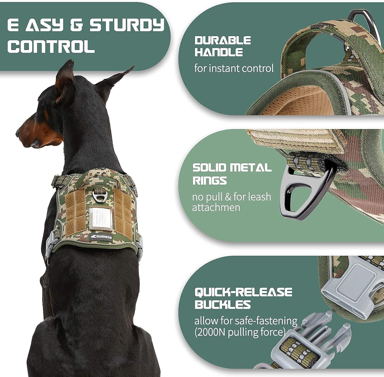 BUMBIN Dog Harness for Large Dogs No Pull, Tactical Dog Harness, with Handle, Adjustable Dog Vest Harness, 6Ft Bungee Dog Leash Large Dogs, No Pull Shock Absorbing Dog Leash with Car Seat Belt