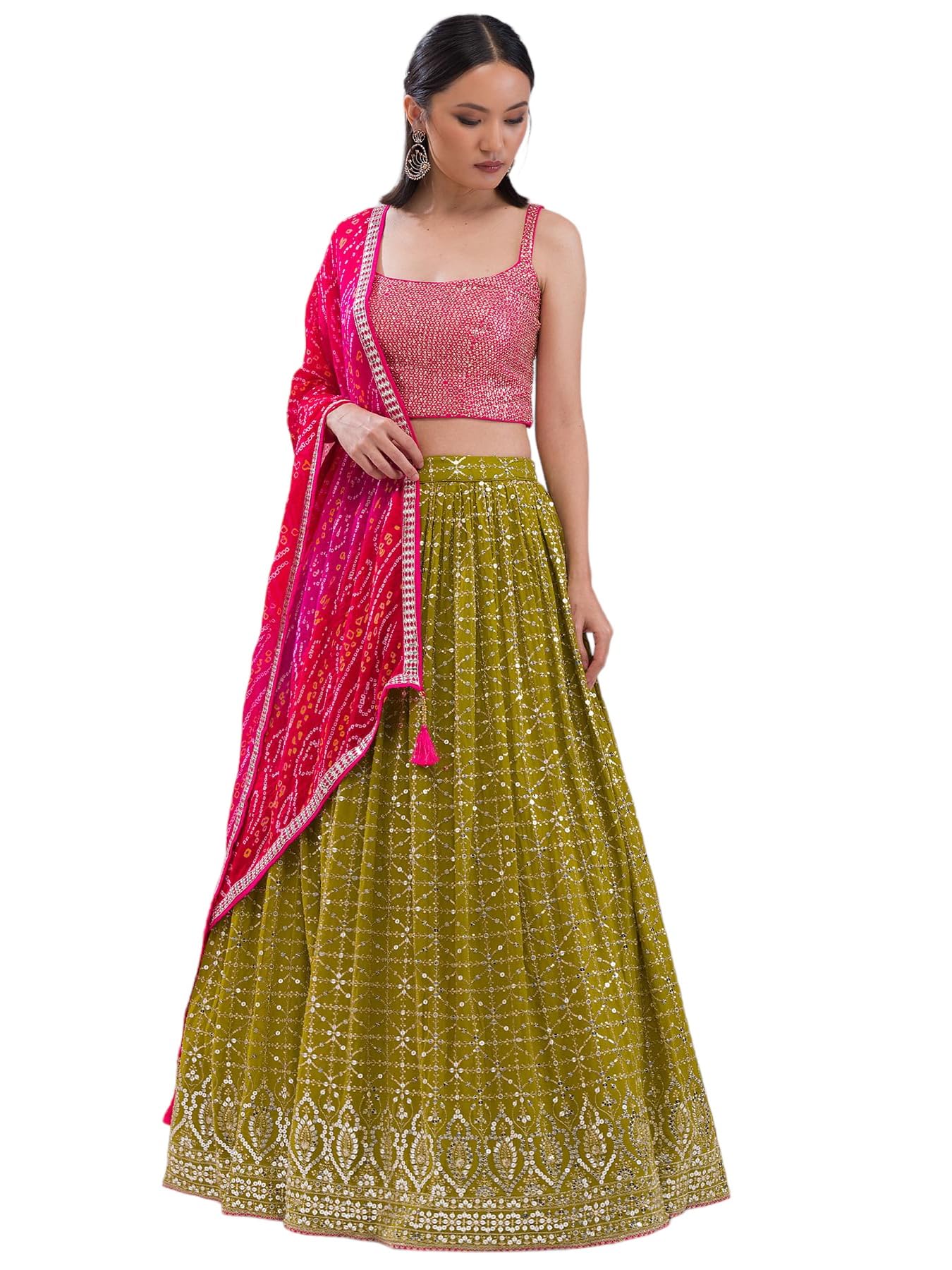 zeel clothing Womens Sequins Zari Embroidered Georgette New Semi-stitched Lehenga Choli With Dupatta (5076-Mehndi-Wedding-Stylish-Latest; Free Size)-picture-44