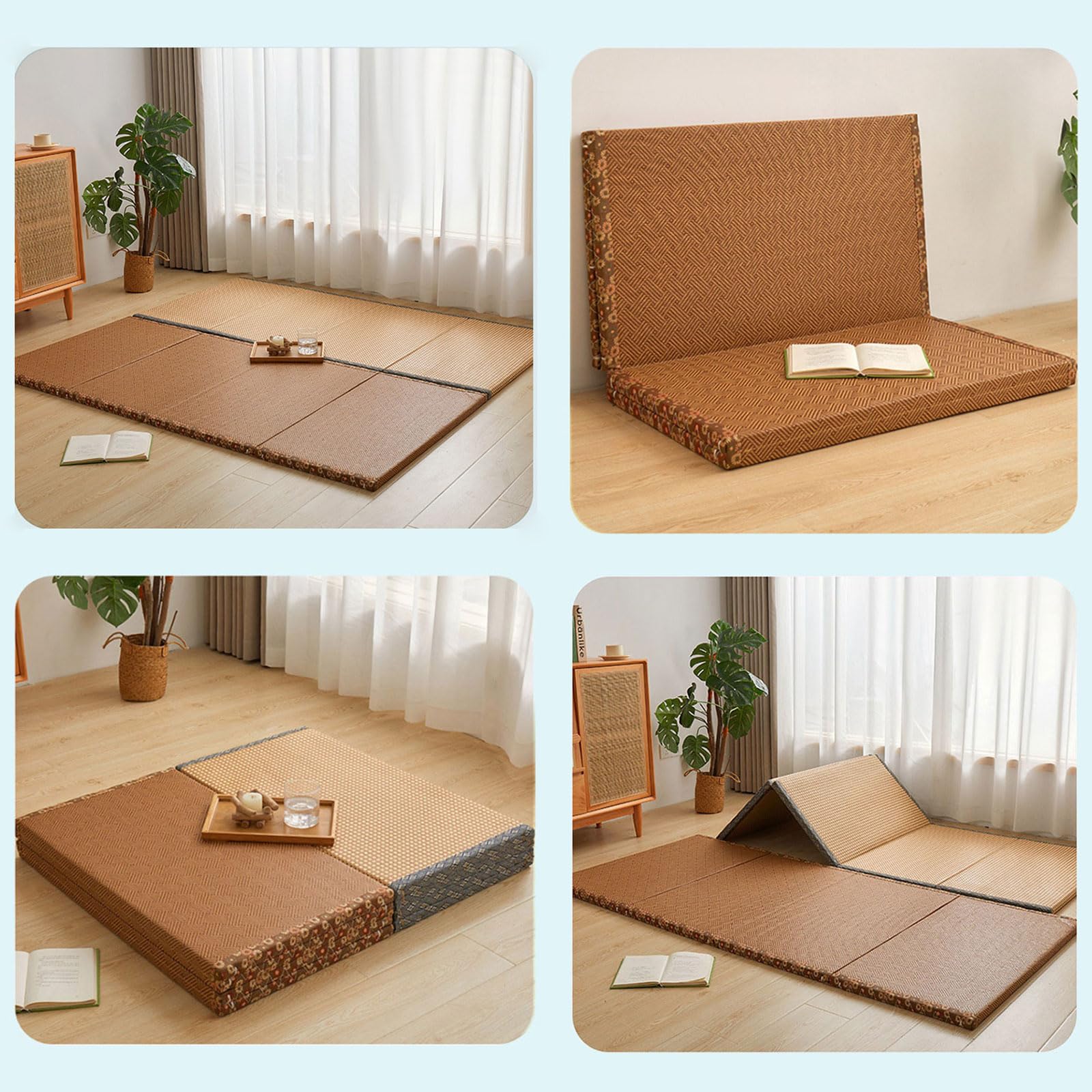 Materasso giapponese – Tappetino pieghevole traspirante antiscivolo in rattan per meditazione e yoga, design tradizionale a 4 pieghe per sala da pranzo e relax.