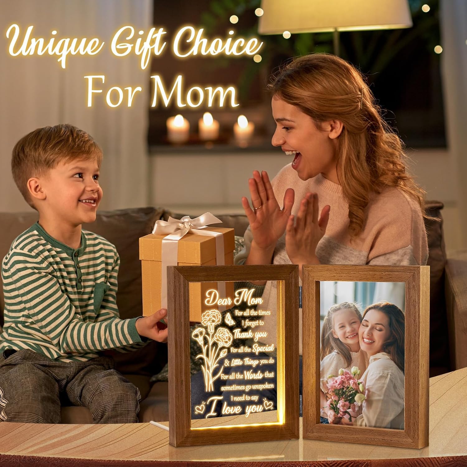 Mom Gifts from Daughters Son Unique Christmas Gifts for Mom, Engraved Night Light with Mommy Picture Frame 5x7 Solid Wood, Mother-in-Law Gift from Daughter-in-Law, Birthday New Mama Gift for Women - Image 8