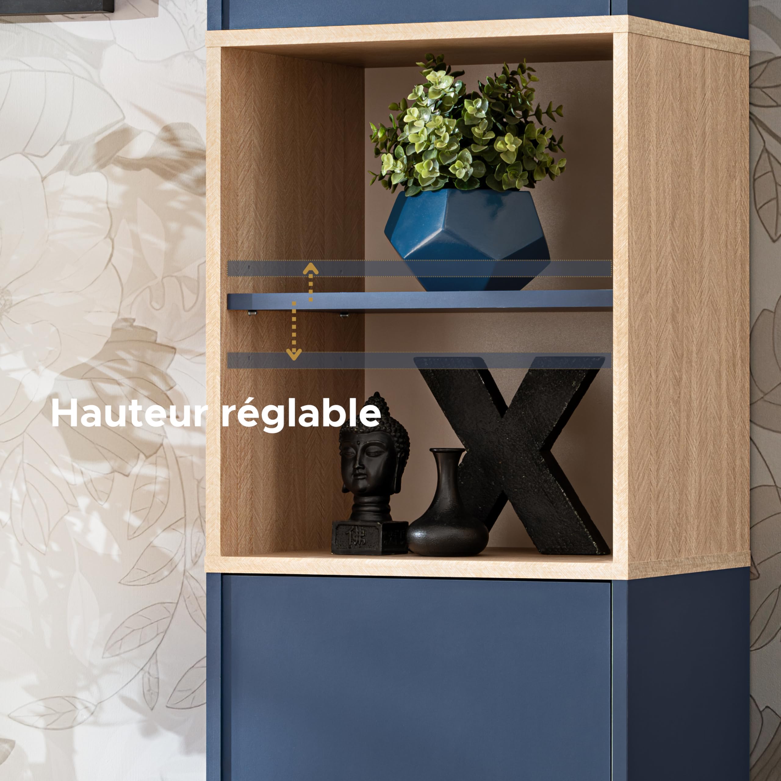 Komodee Fondi Ensembles de Meubles TV 3 armoires avec casier à vin, Style scandinave, pour Salon, Cuisine, Salle à Manger, Bureau, Bleu, Bois Clair, 173x35x272 cm