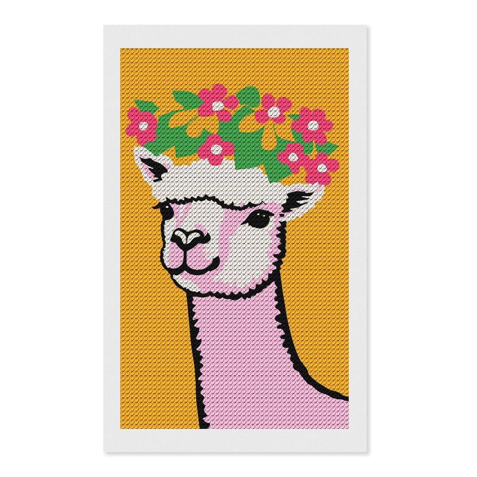 Junmoney Alpaca with Flower Crown Diamond Painting Set 12"x20", Stress Relief Craft, Easy to Enjoy, Vintage Style Decor, Festive Craft Gift