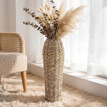 Ninehaou 16.5" Tall Rattan Floor Vase for Dried Flowers Boho Home Decor