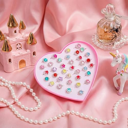 Miniatura 2 de 36 piezas de anillos de gemas de strass para niñas pequeñas, ajustables, estilo de color aleatorio, anillos de diamante para jugar para niños