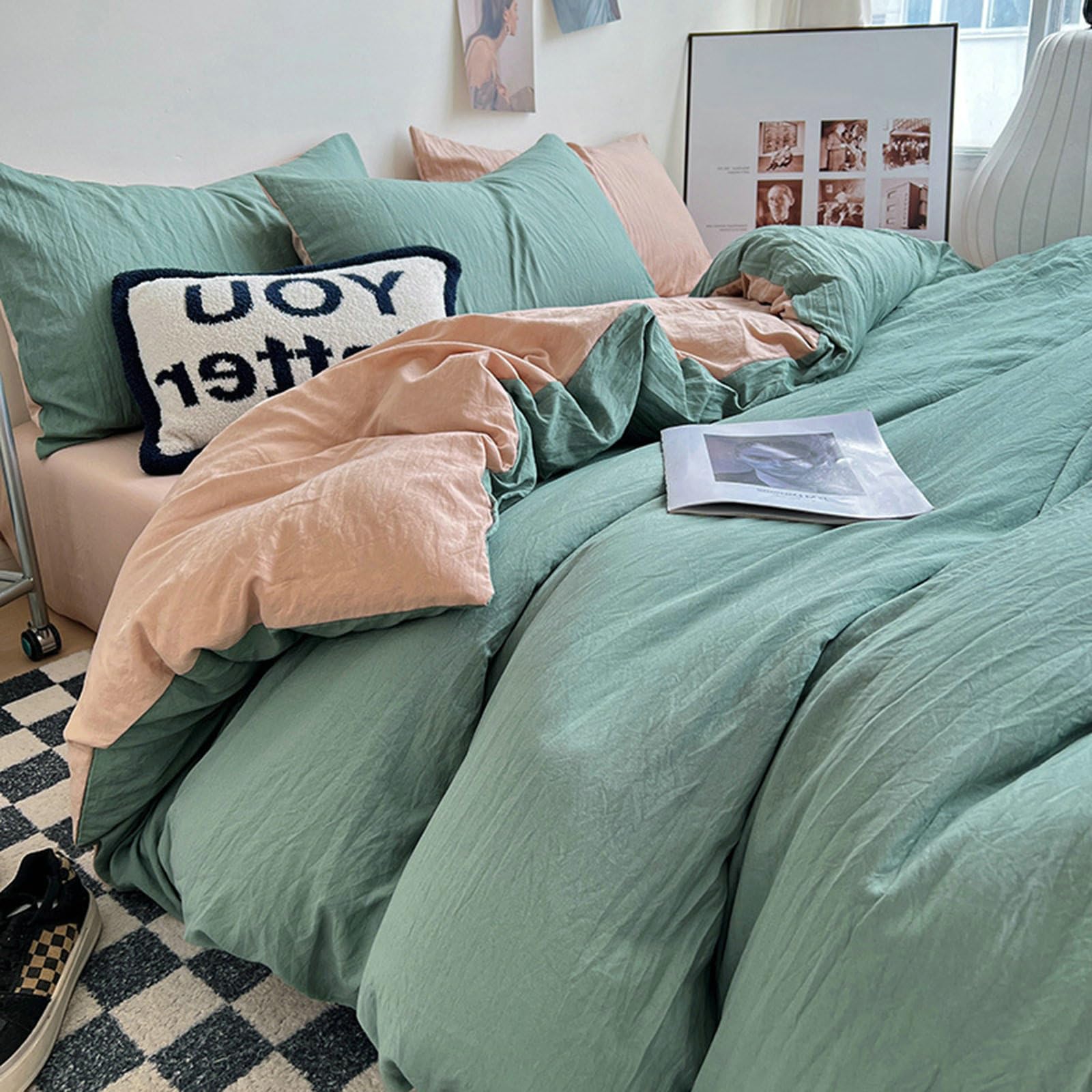 Linge de lit 3 pièces couleur unie chameau vert comprenant drap et taie d'oreiller