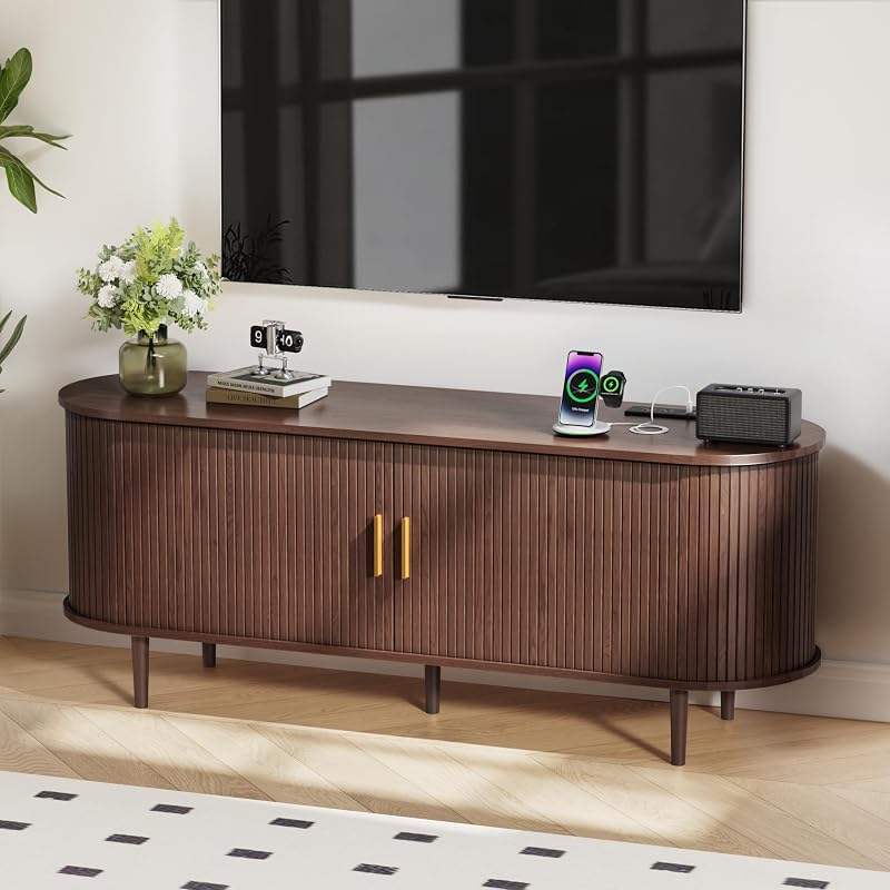 DHH 55 Inch Mid Century Modern TV Stand with Power Outlet for TVs up to 60 Inch, Entertainment Center with Storage and Adjustable Shelves, Media Console with Sliding Doors for Living Room(Walnut)