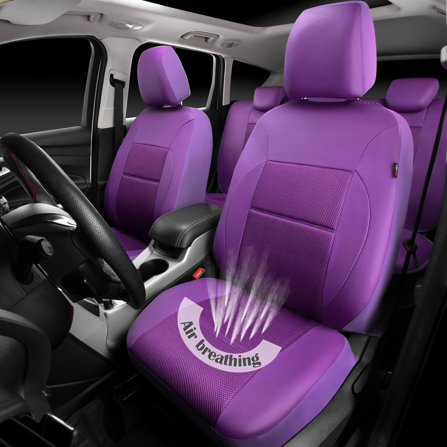 CAR PASS Leather Seat Covers Breathable Air Mesh Car Seat Cover Full Set Super 5mm Sponge Inside, Airbag Compatible, Universal Automotive Interior Cover Fit for Car SUV Truck Van (Solid Purple)