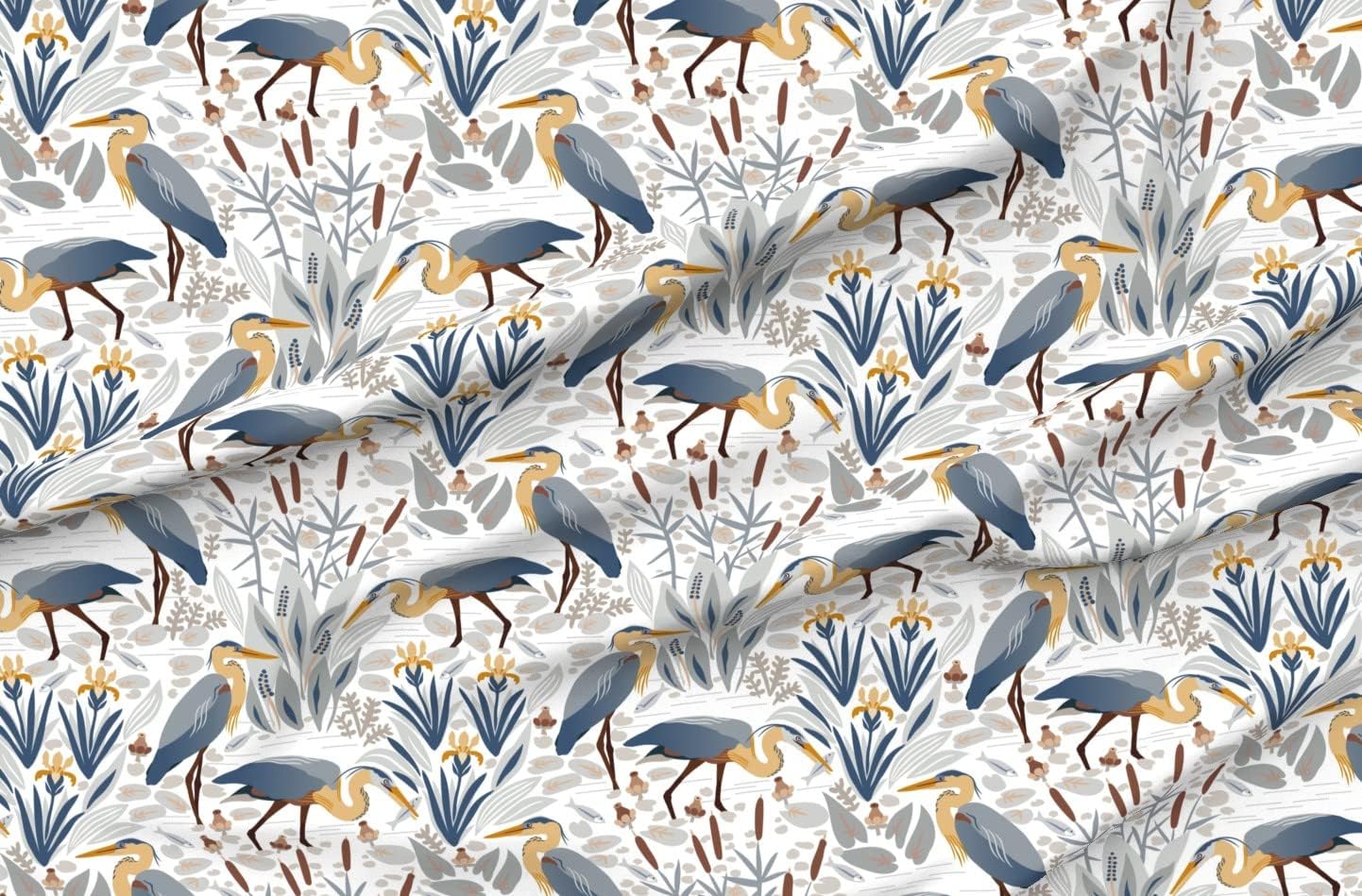 Spoonflower Fabric - Bird Orange Fish Gray Pond Iris Lake Heron Wildlife Cattail Wetland Printed on Organic Cotton Sateen Fabric by The Yard - Sewing Quilting Apparel Home Decor