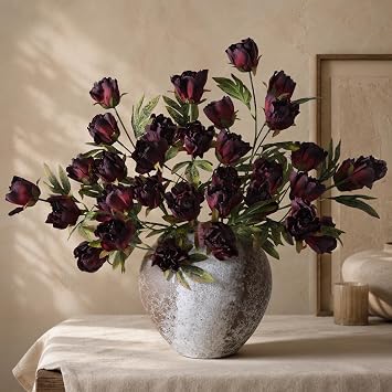 8 Pcs Artificial Peony Flowers, Faux Silk Peonies Stems with Distressed Leaves, Fade Resistant Floral Branches for Vase, DIY Bouquet, Home Decor Indoor Outdoor Wedding Table Centerpiece Dark Red