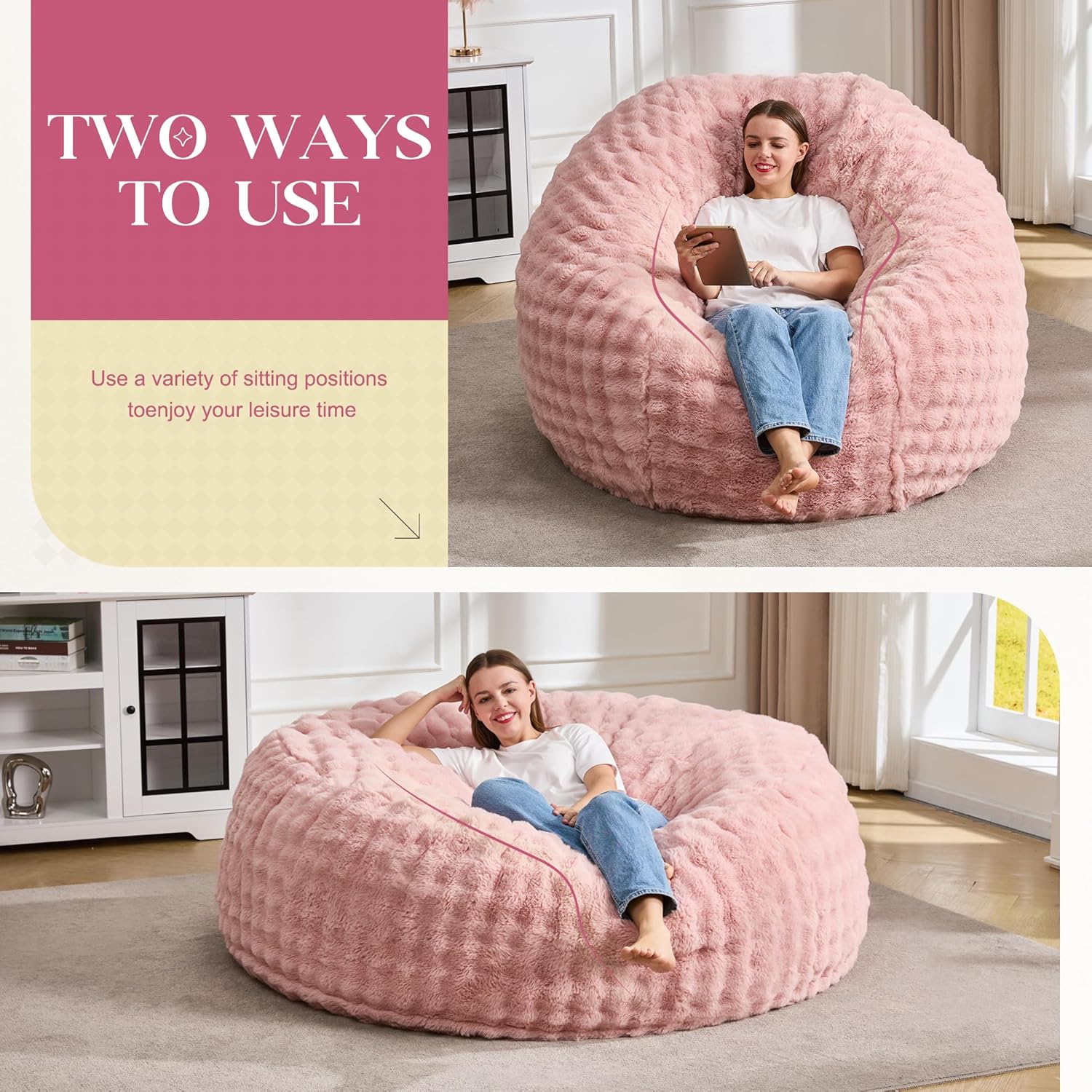 Hobestluk Bean Bag Chairs Beanbag Chair with Filler Adult Bean Bags with Fluffy & Machine Washable Cover, Giant Bean Bag Chairs for Aduts (Pink, 5FT-50" x 50" x 24") - Image 3