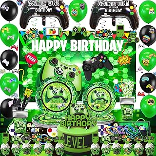 Green Gamer Birthday Party Decoration - 217Pcs Video Game Gaming Party Supplies For Boys Birthday Party - Backdrop, Table Cover, Plates, Cups, Napkins, Utensils, Hanging Swirls, Cupcake Topper, Cake Topper, Cupcakes Wrappers, Stickers, Bracelets & Balloons Serves 10 Guests