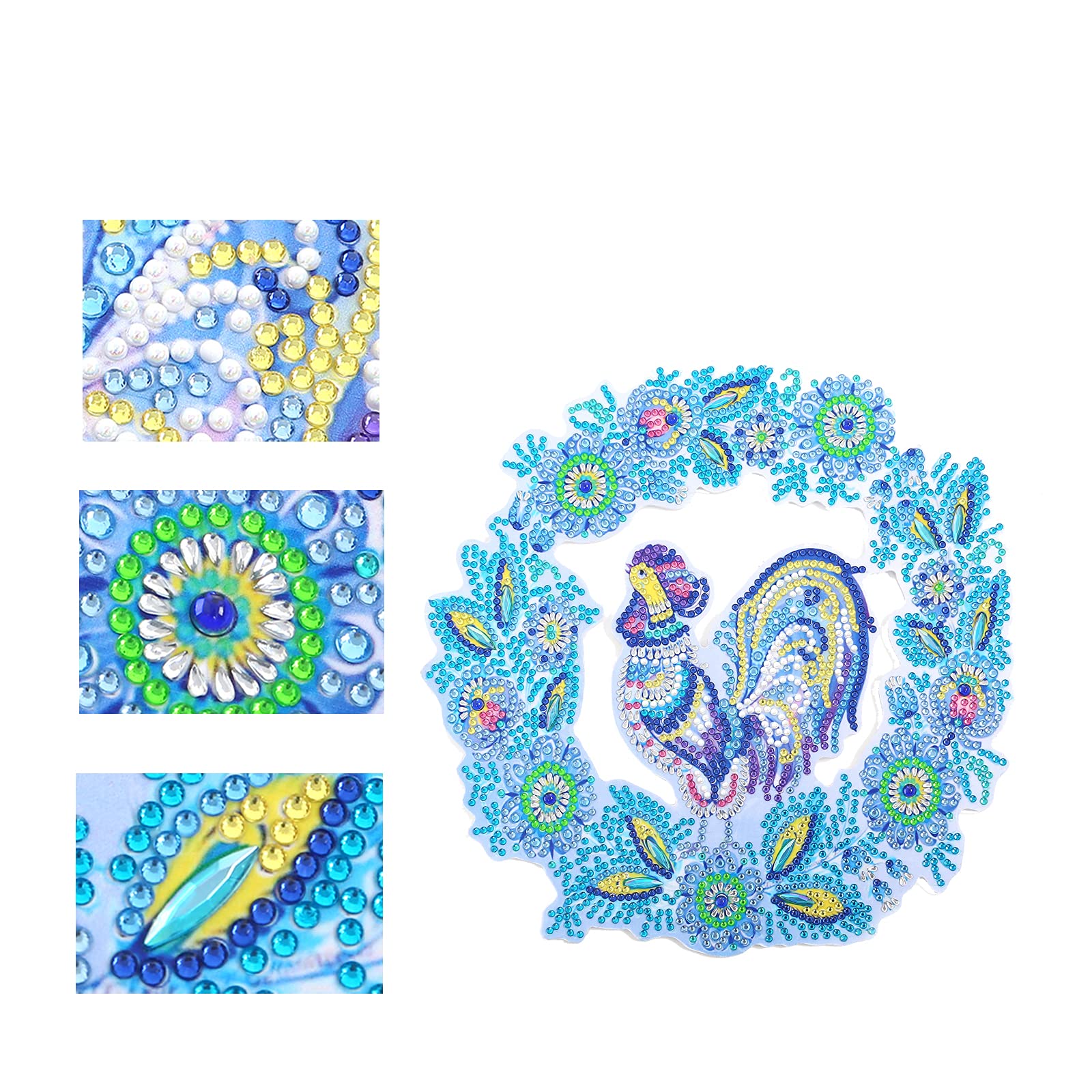 DIY 5D Diamond Painting Wreath Blue Rooster Cock Flower Special Shaped Acrylic Circle Hanging Garland Hoop Crystal Cross Stitch Diamond Art Craft for Door Wall Window Decoration 23x23cm