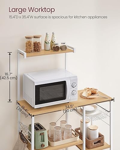 Miniatura 4 de VASAGLE Estante para panadero, soporte para microondas, estante de almacenamiento de cocina con cesta de alambre, 6 ganchos y estantes, para