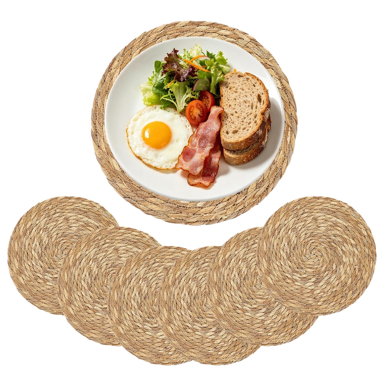 6pcs Woven Placemats, 30cm Round Placemats, Rattan Placemat, Natural Table Mats Heat Resistant & Non-Slip Wicker Placemat for Dining Table Home Wedding Kitchen Wedding Decor