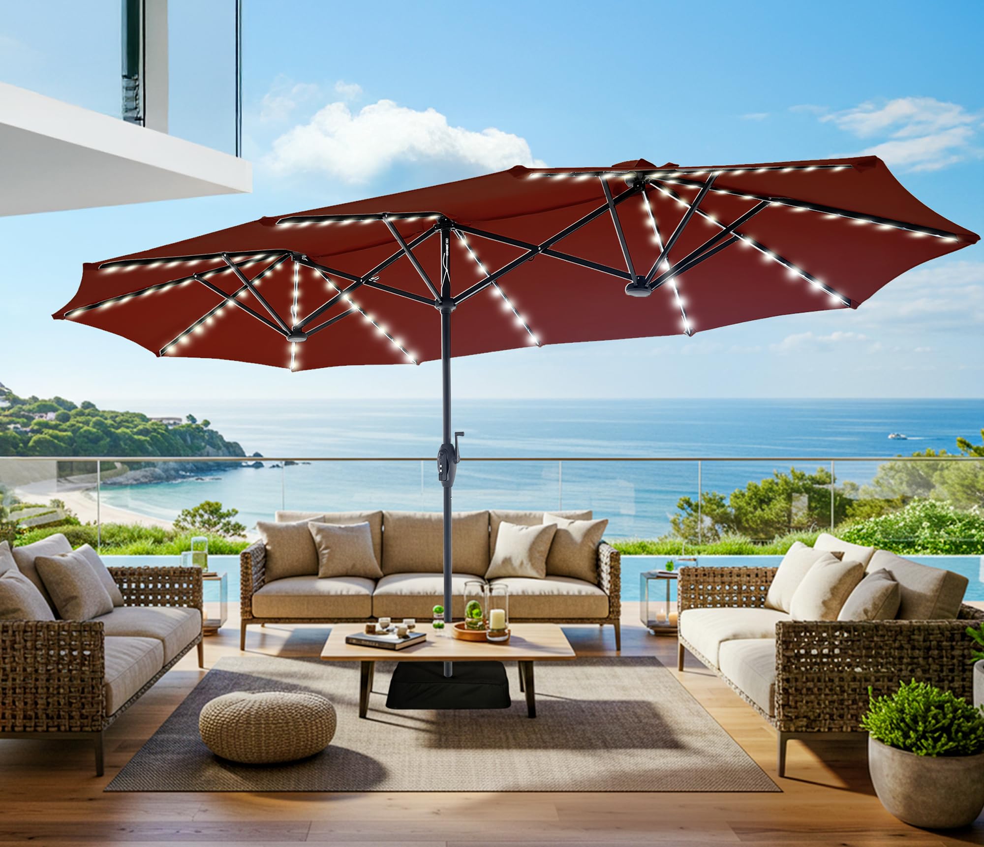 SUPERJARE 13ft Outdoor Patio Umbrella with Solar Lights, Double-sided Deck Pool Umbrella with 1.5 Inch Pole, Fade Resistant Canopy, 12 Sturdy Ribs, for Porch, Market, Backyard, Burgundy(No Base) : Patio