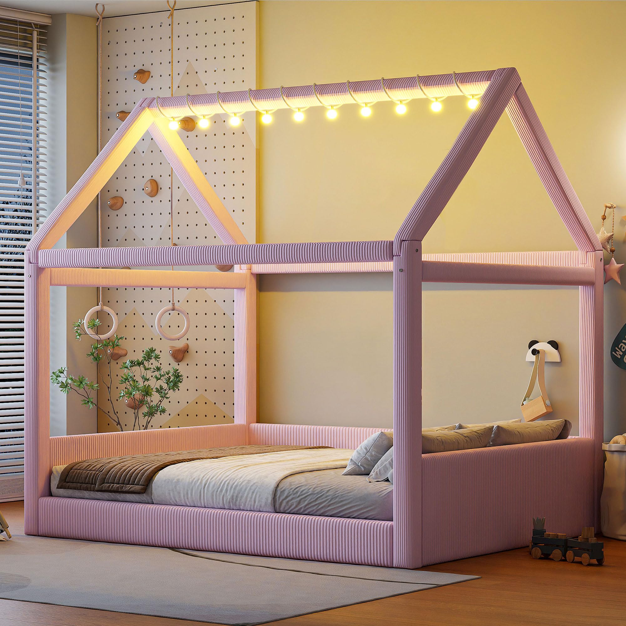 Merax Modern Upholstered House Bed Frame with Headboard, Floor Sofa Day Bed for Boys, Girls, No Box Spring Needed/Easy Assemble/Full, Pink