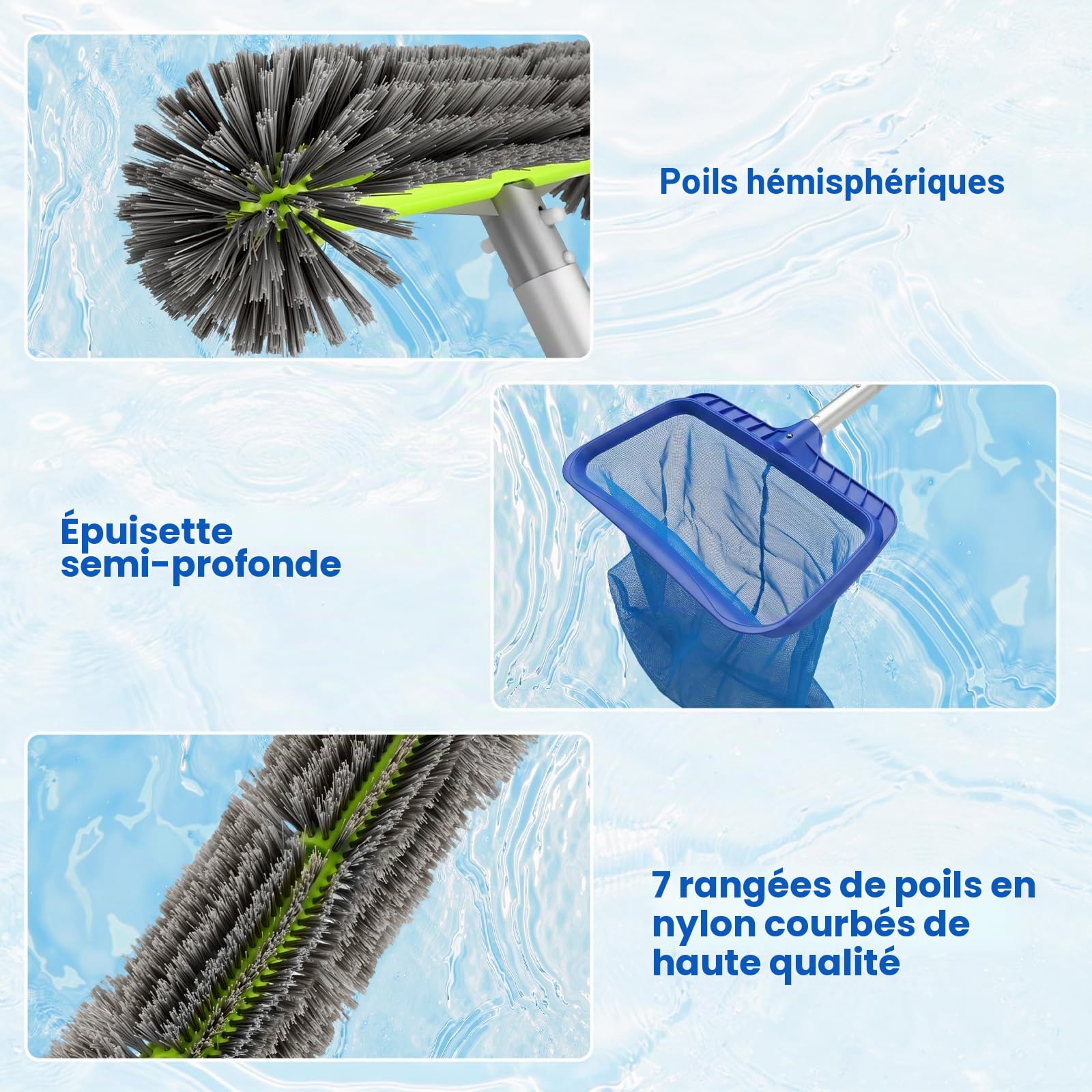 Kit de Nettoyage pour Piscine avec Brosse Ronde, Manche en Aluminium de 169 cm et Filet de Piscine, Ensemble Professionnel pour Nettoyage Efficace