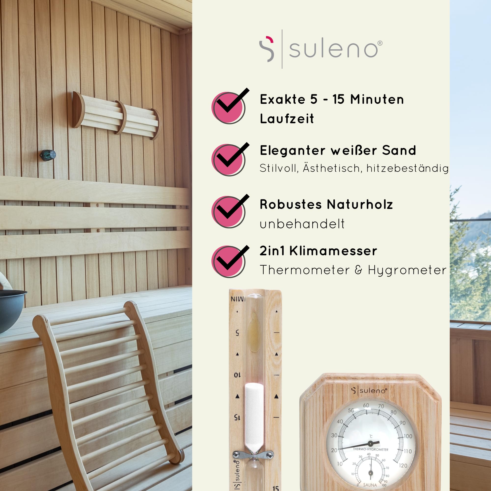SULENO Saunazubehör Set ANNA, 2-teiliges Set mit Klimamesser, Sanduhr | Temperatur- und Luftfeuchtigkeitsmesser, Hitzebeständig, Wandmontage, Perfekt für Sauna und Wellness