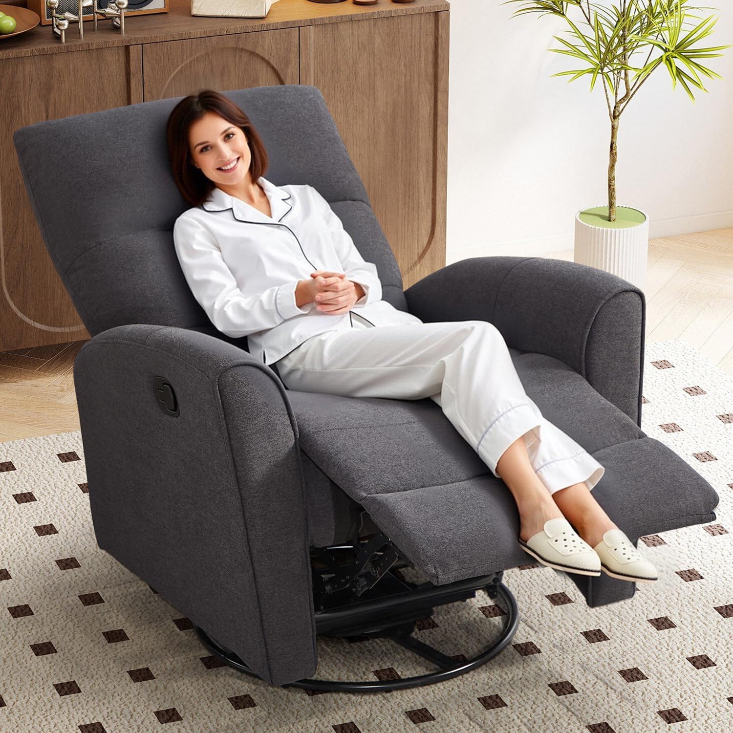 CANMOV Swivel Rocker Recliner, Manual Chenille Glider Rocking Chair, Swivel Glider Recliners with Soft Backrest, 360° Swivel Nursery Reclining Sofa for Living Room Bedroom, Grey