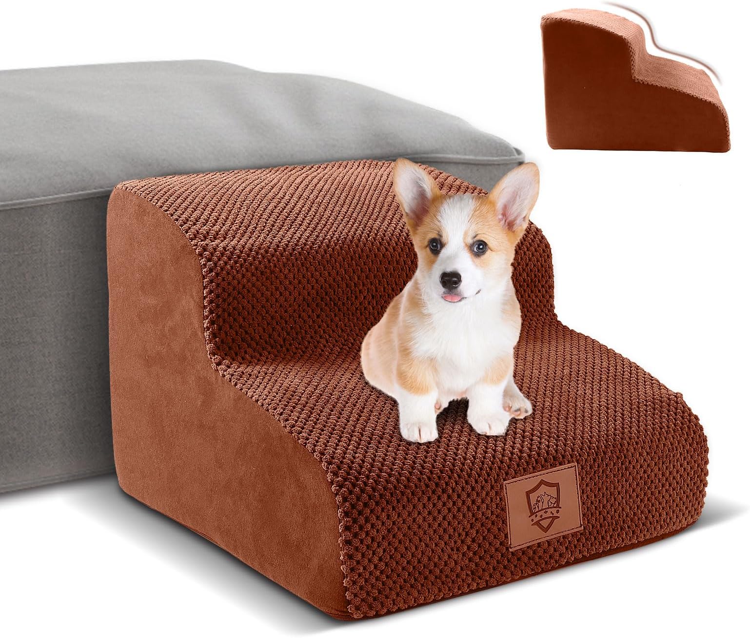Dog Steps for Bed, 2-Step Foam Pet Stairs for Small Dogs and Cats, Puppy Ramp for Sofa with Removable Washable Cover & Non-Slip Bottom, 40x40x30 cm, Brown
