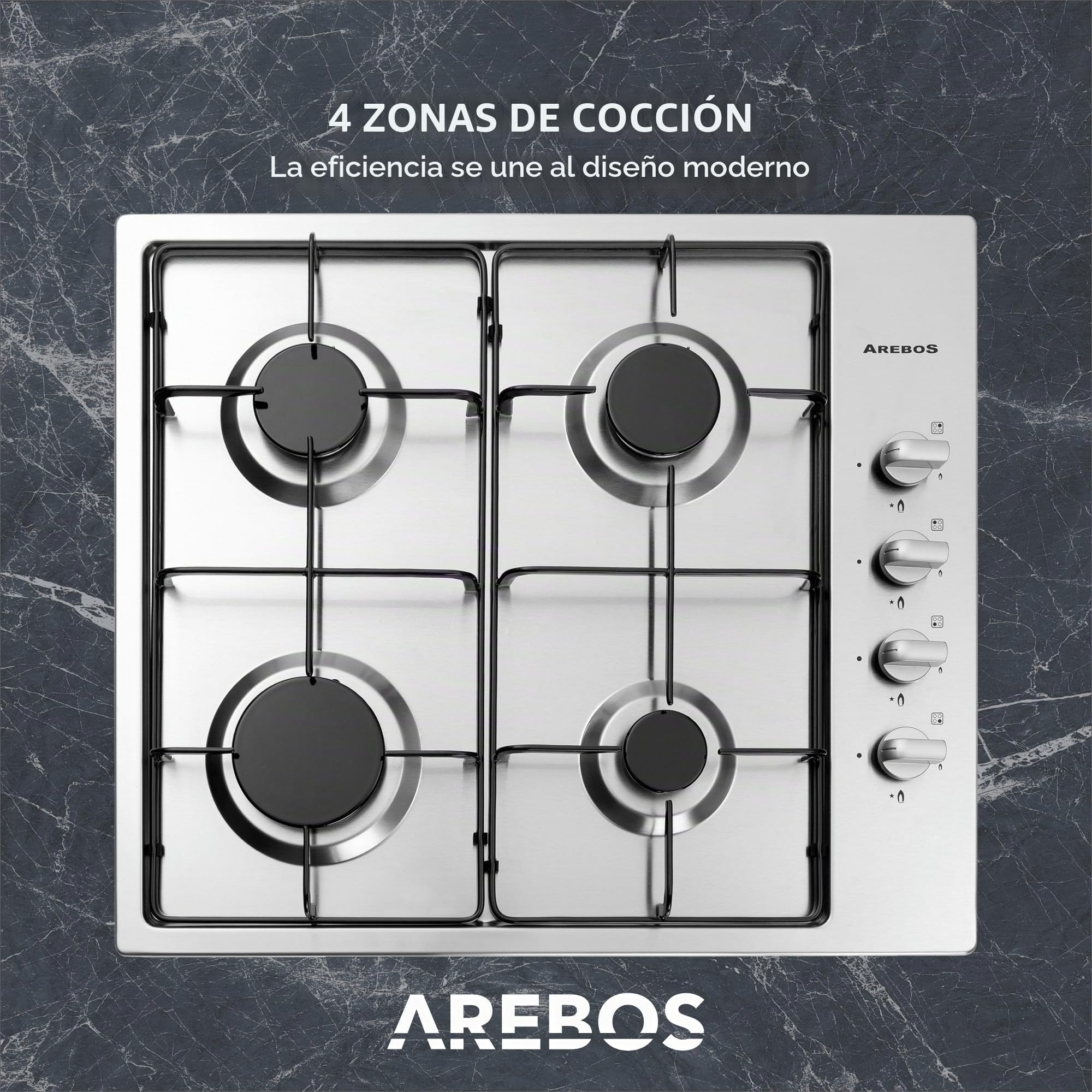 Arebos Placa de gas de 4 fogones | Acero inoxidable |Incluye rejilla y piloto de seguridad | Autosuficiente| Apta para gas natural y propano | Encimera de gas