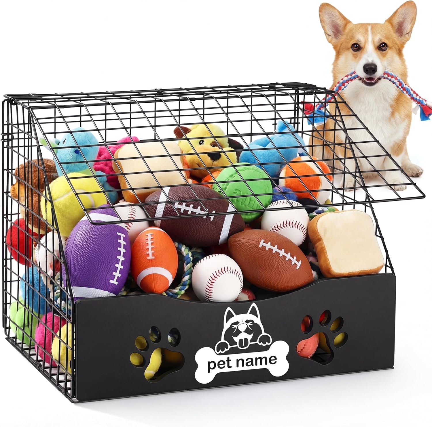 AceOrbit Dog Toy Basket with Cover Small Toy Box for Dogs Pet Toys Bin Dog Metal Basket for Toys Pet Storage Organizer, Cat Playthings Box for Living Room Area Home Decor(Black)