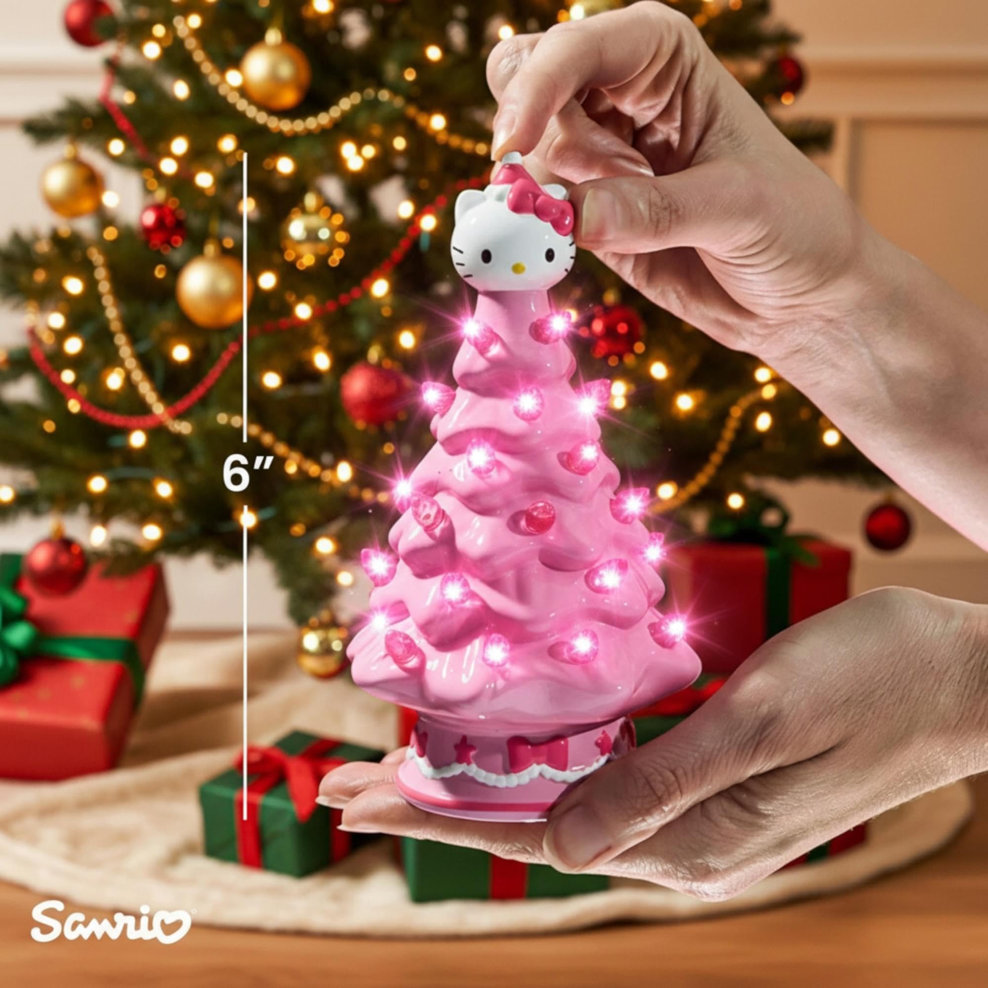 Ukonic Sanrio Hello Kitty Pink Light-Up Ceramic Christmas Tree | Battery-Powered Mood Light | 6 Inches Tall
