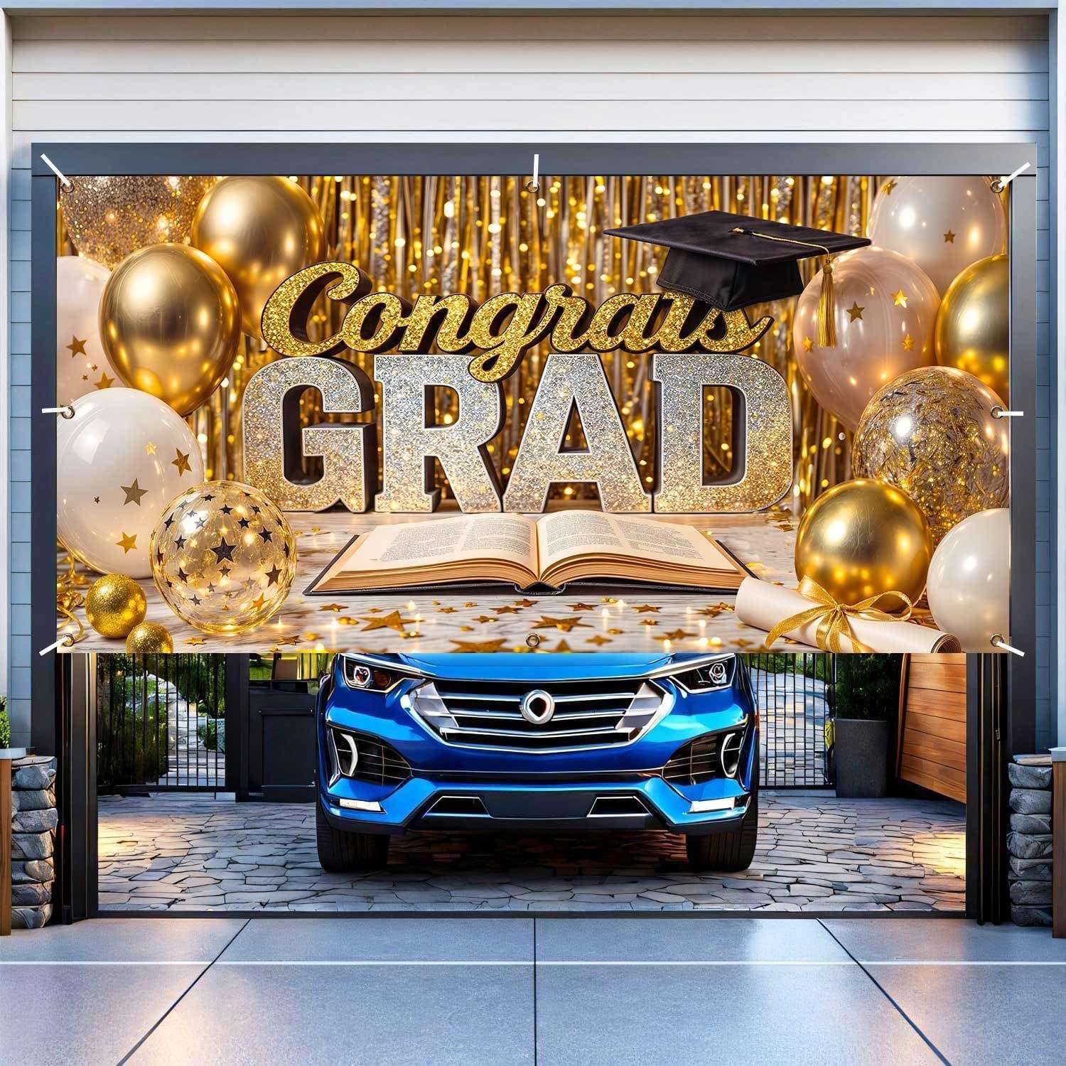 8X7ft Congrats Grad Garage Door Decorations Cover Class of 2026, Graduation White Gold Prom Party Garage Door Background, 2026 Bachelor Cap Balloon Congratulation Graduate Decor Supply