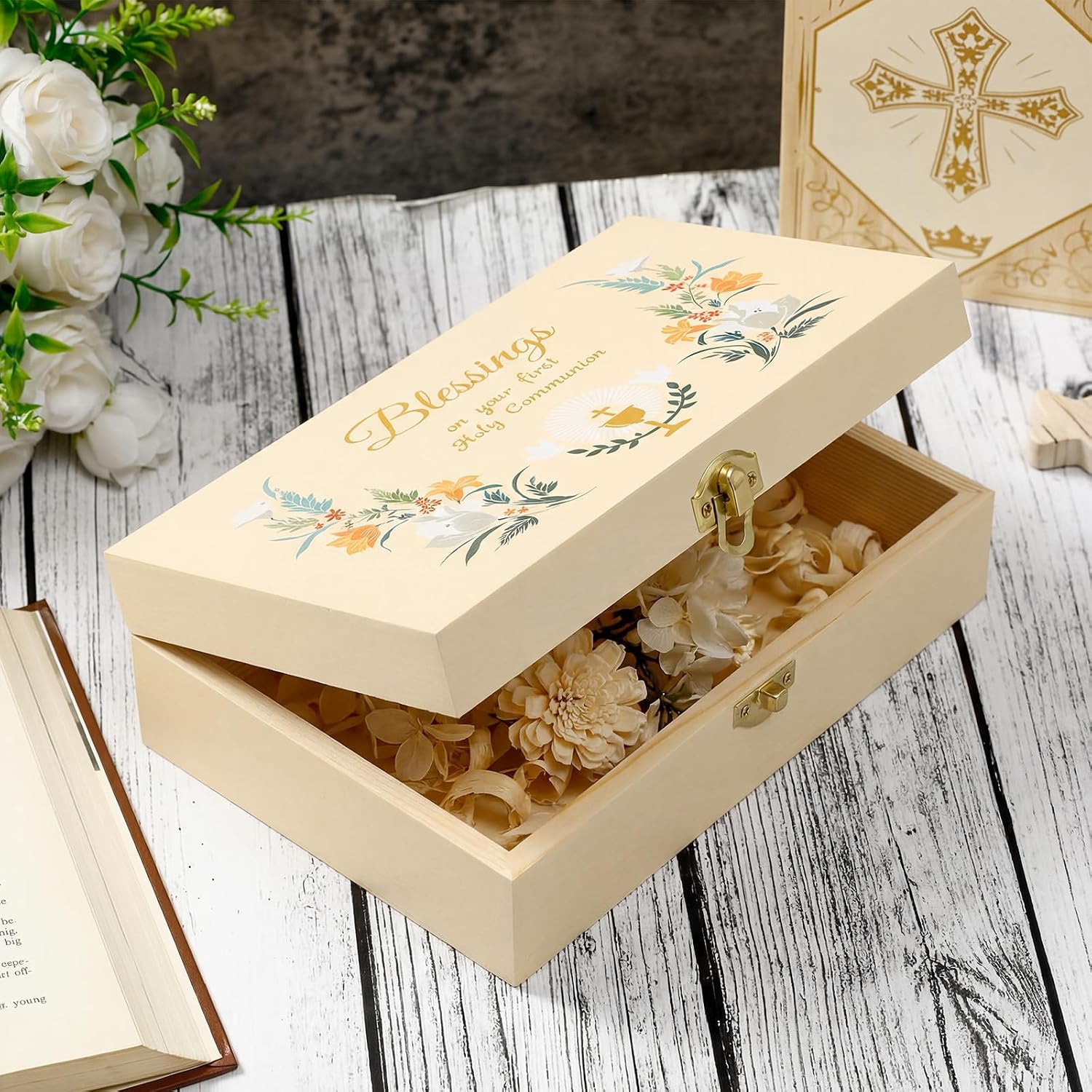 CroBlissful First Communion Wooden Box Keepsake Baptism Memory Box Gift 8.6 x 5.1 x 2.4 Inches First Holy Communion Jewelry Storage for Baptism Memory Keepsake(Floral) image 4