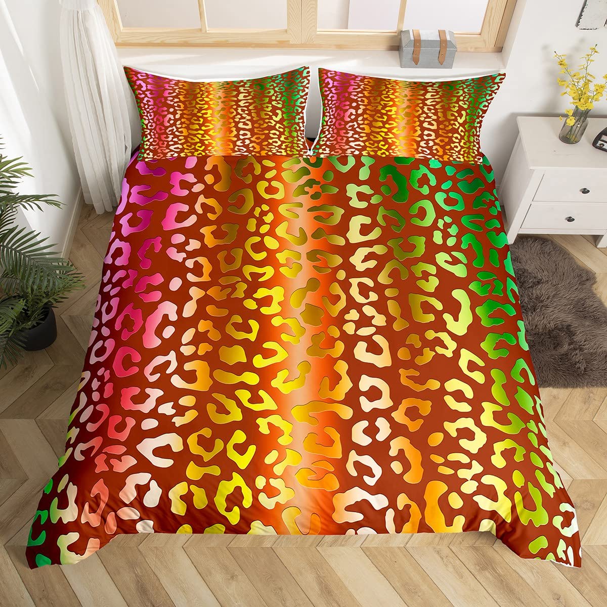 Homemissing Leopard Print Duvet Cover Set Cheetah Print Bedding Set for Kids Boys Girls Glitter Wild Animal Decor Comforter Cover Set Microfiber Ombre Bedspread Cover Golden Bedclothes Double
