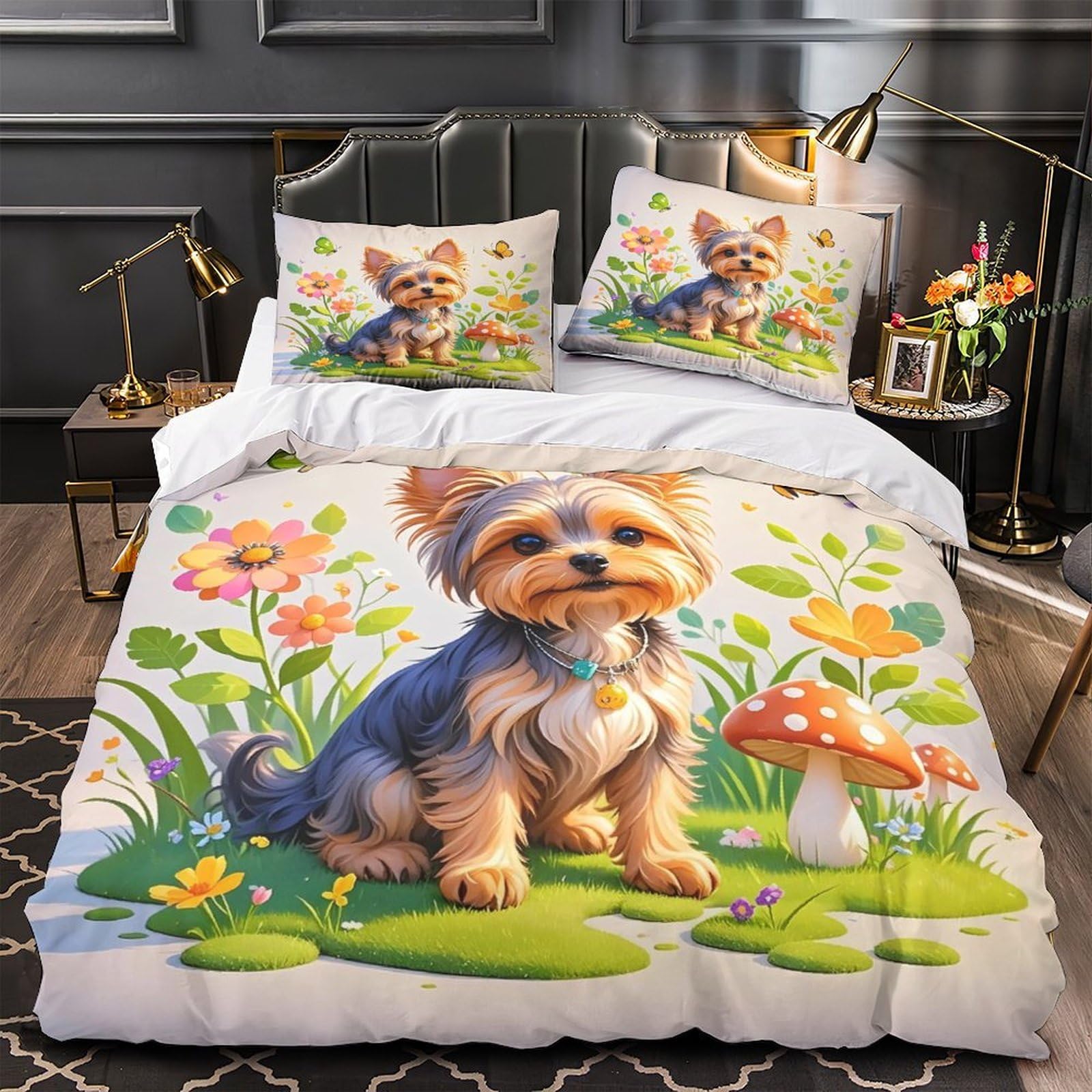 Housse de couette Yorkshire Terrier 135x200 parure de lit 3D microfibre pour lit simple