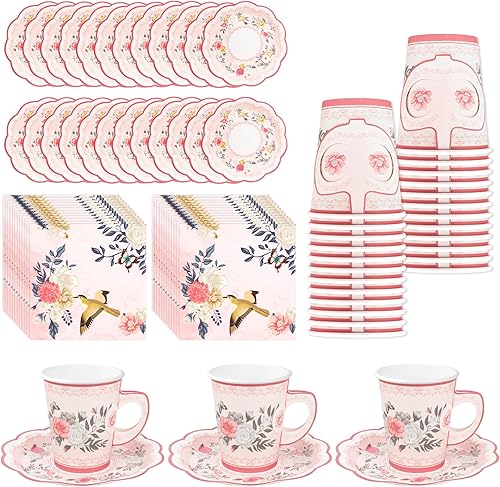 Tazas desechables para fiesta de té, paquete de 24 tazas de té y platillos florales, tazas de té de papel con asas, decoraciones de fiesta de té