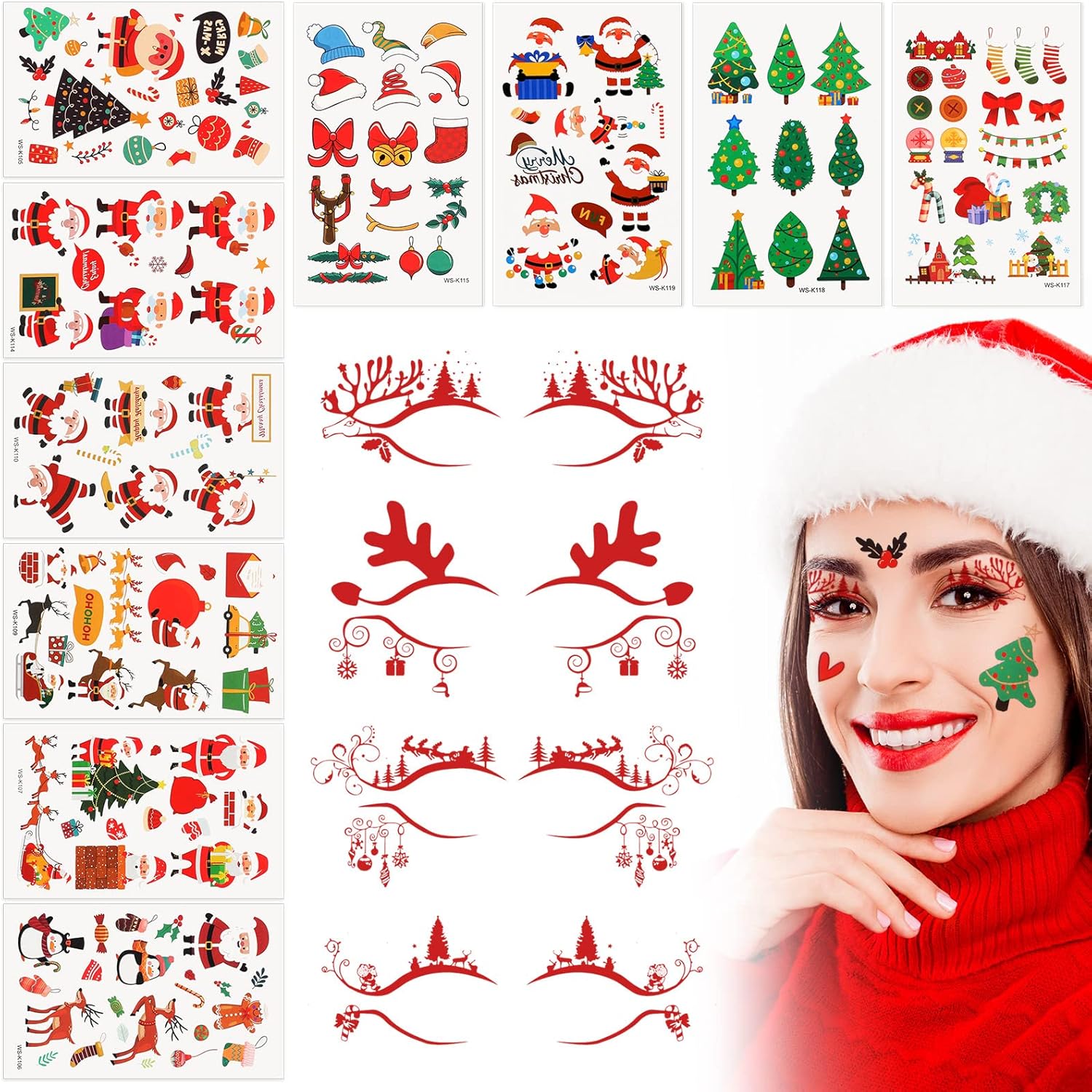 10 Sheets Christmas Temporary Tattoos Makeup Stickers and 4 Pairs
