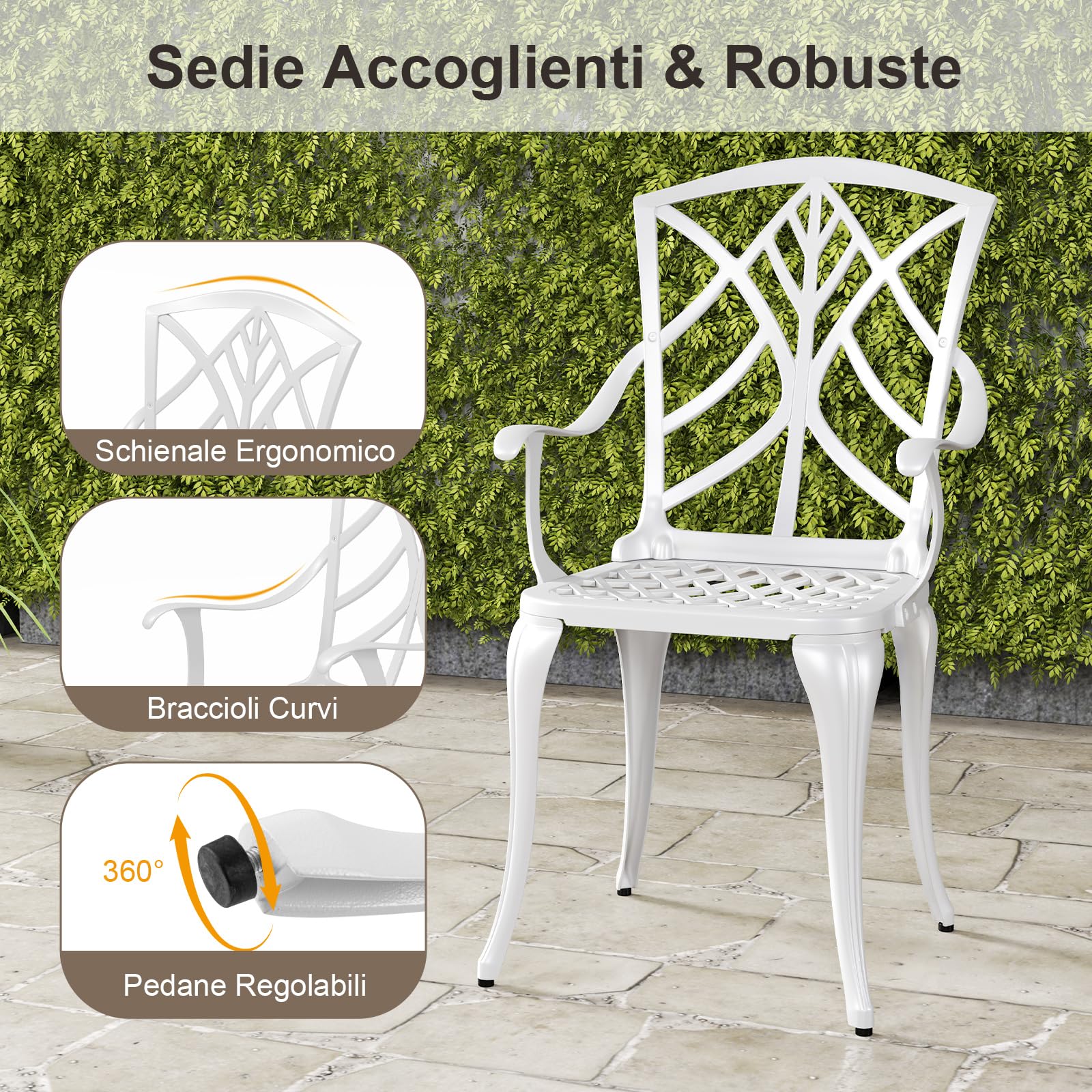 COSTWAY Set Tavolo e Sedie da Giardino, Set da Bistro 5 Pezzi con Foro per Ombrello, Tavolo da Pranzo e 4 Sedie, Arredamento da Giardino in Alluminio, per Giardino e Balcone, Bianco (Modello 2)