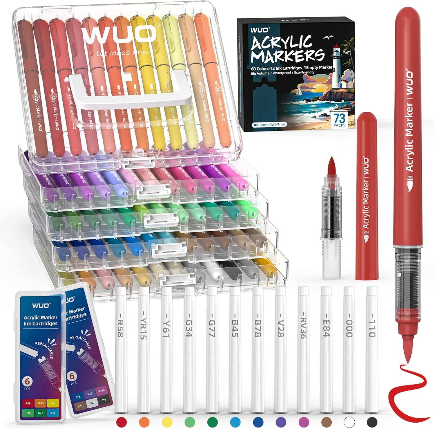 WUO 60 Colors Acrylic Paint Markers with Extra 12 Replaceable Ink Cartridges, Automatic Ink Control Brush Tip Water-Based No-Bleed Waterproof Paint Pens for Rocks Painting, Canvas, Glass, DIY Art