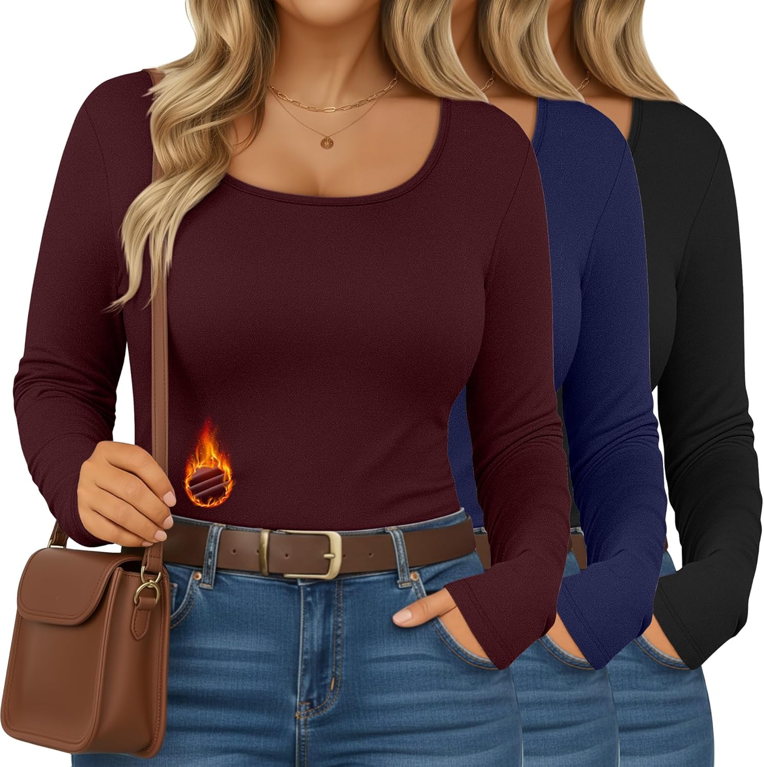 Ficerd 3 Pack Women's Plus Size Thermal Shirts Fleece Lined Scoop Neck Long Sleeve Tops Fitted Winter Base Layer Underwear