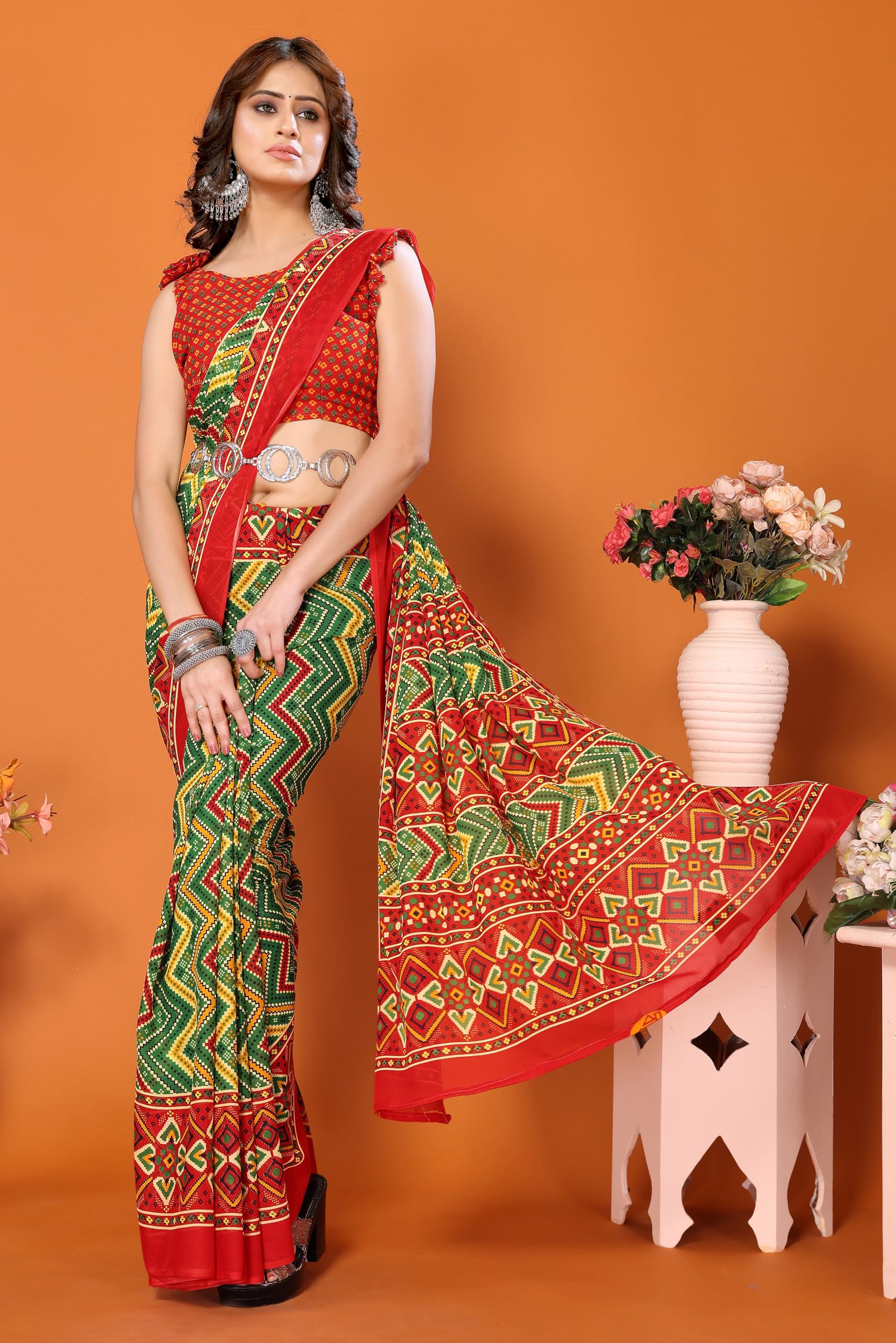 Yashika Mujer Moda Georgette Color Marrón Sari con Material Blusa - Imagen 9 de 13